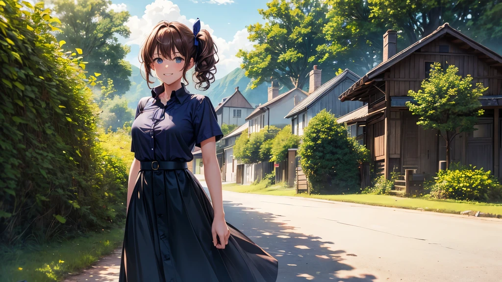 1girl, solo, full body, summer, village, trees, sun, clouds, chestnut hair, curly hair, side ponytail, large breasts, button down, dark blue eyes, ((dark blue shirt)), ((unbuttoned shirt)), ((short sleeved shirt)), black skirt, brown shoes, grin, looking at the viewer, standing, hair ribbon, golden necklate