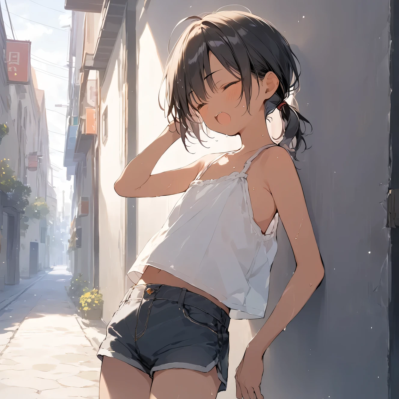 score_9, score_8_up, score_7_up, source_anime, best quality, masterpiece,official art, absurdres, highres, waifu2x,break,1girl, tomboy, dark-skinned female, short hair, low ponytail, flat chest, beautiful detailed eyes, short shorts, sweat, open mouth, (yawn:0.3), sleepily, outdoors, break,(clear line illustration:1.2),very high resolution, very aesthetic, super detailed skin, Best sexual lighting powered by famous artist, 8k,cute picture,beauty illustration,photoshop_(medium),,(Detailed Lighting)
