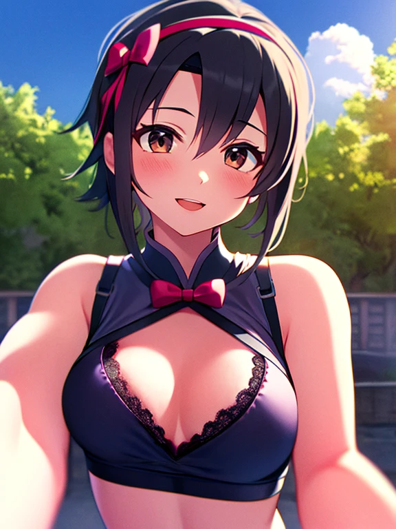 nsfw, nsfw, small breast, shinkai makoto, kimi no na wa., 1girl, bangs, black hair, blue sky, blush, bow, bow, brown eyes, cloud, collared shirt, headband, headband, looking at the audience, Negative Space, Outdoor, red bow, red bow, red headband, red ribbon, Ribbon, , shirt, short hair, sky, smile, solo, pink bra, upper body, open white shirt, , smile, happy, open mouth