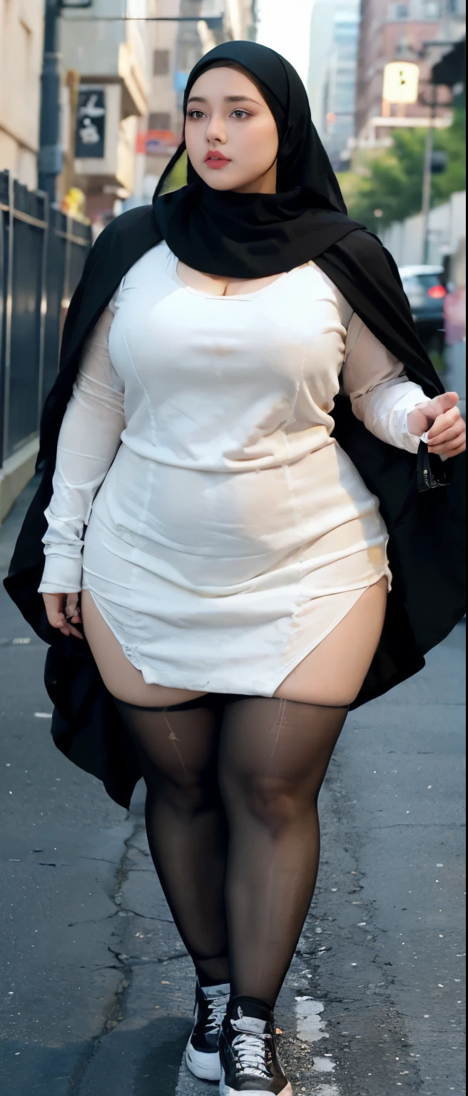 Milky white skin woman in black dress and hijab walking down the street, , hijab outfit, , hijab fashion model, plus size, plus size woman, , woman in black robes, beautiful woman, thicc, black outfit,, bbwchan , white sneakers , Height 170 cm, beautiful woman, with a beautiful appearance, a very beautiful masterpiece, a masterpiece of art, good lighting, Bright colors, Clean lines