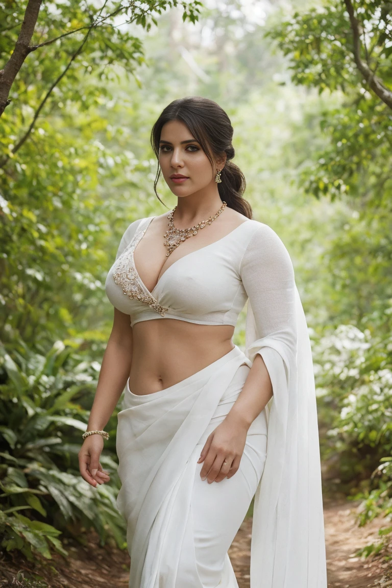 daytime view, close up shot of indian from top view, wearing white saree, walking in forest, looking to camera, big and curvy cheeks, hourglass figure, sexy navel, swooping breasts, ponytail, necklace, (cinematic:1.3), intricate details , (ArtStation:1.2)rendom nudity