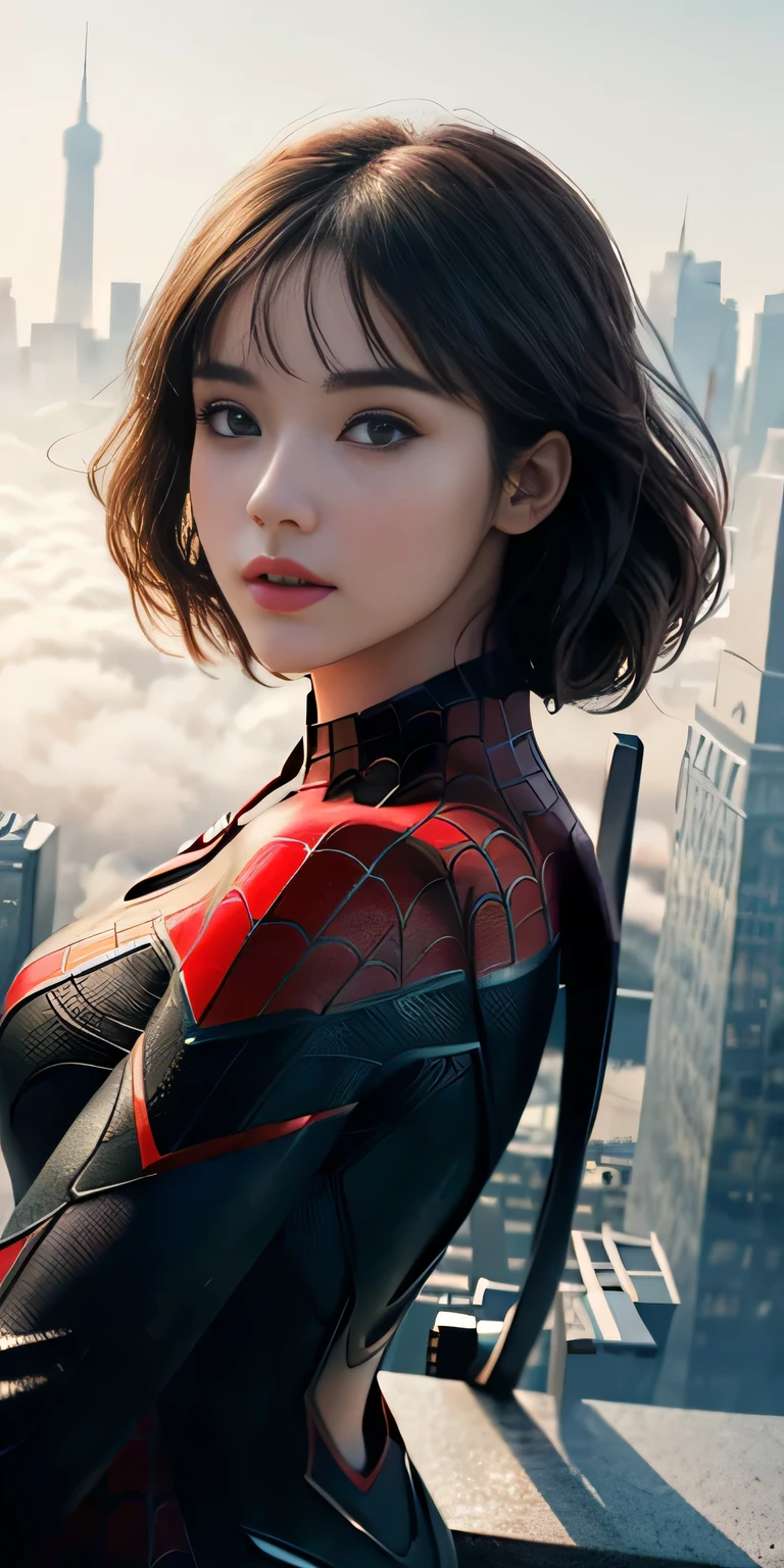 (1girl:1.3), Solo, (((Very detailed face)))), ((Very detailed eyes and face)))), Beautiful detail eyes, Body parts__, Official art, Unified 8k wallpaper, Super detailed, beautiful and beautiful, beautiful, masterpiece, best quality, original, masterpiece, super fine photo, best quality, super high resolution, realistic realism, sunlight, full body portrait, amazing beauty, dynamic pose, delicate face, vibrant eyes, (from the front), She wears Spider-Man suit, red and black color scheme, spider, very detailed city roof background, rooftop, overlooking the city, detailed face, detailed complex busy background, messy, gorgeous, milky white, highly detailed skin, realistic skin details, visible pores, clear focus, volumetric fog, 8k uhd, DSLR, high quality, film grain, fair skin, photo realism, lomography, futuristic dystopian megalopolis, translucent