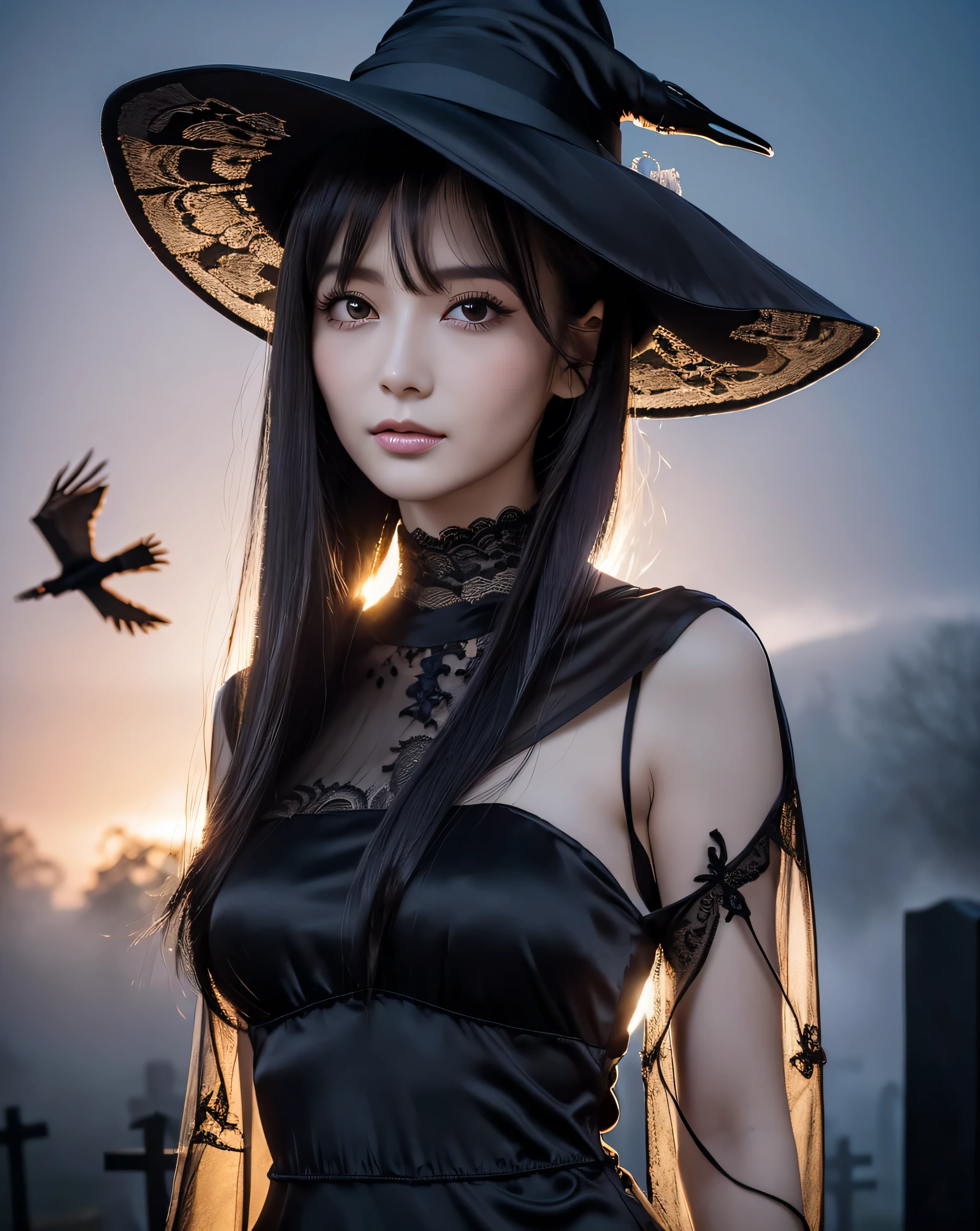 (highest quality, 32k, High resolution, Masterpiece:1.5, ), marimo_jet, Concept Art, In a quiet cemetery in the middle of the night with a cold wind blowing, Evoking eerie serenity and elusive beauty, Expressing emotions, Have a rich imagination,Beautiful Japanese Girls, An exceptionally beautiful face, Small Face Beauty, Perfect Human Anatomy, Magical big eyes, Motherhood and generosity, Deep Love, fleeting smile, ((Shiny black hair:1.1)), ((Beautifully arranged super long straight silk hair:1.2)), Asymmetrical bangs, Hair between the eyes, Transparent, soft white skin, Sharp eyebrows, Thin lashes, Natural Makeup, Cheek highlighter, Pale pink detailed lips, ((fantasy witch:1.1)), ((Black lace classic dress:1.2)), (Black tricorn hat:1.3), Slim figure with ample breasts, ((Midnight Cemetery:1.2)), ((Silhouette of a crow beyond the thick fog:1.2)), Professional Lighting, Professional photographer, Professional models, mysterious