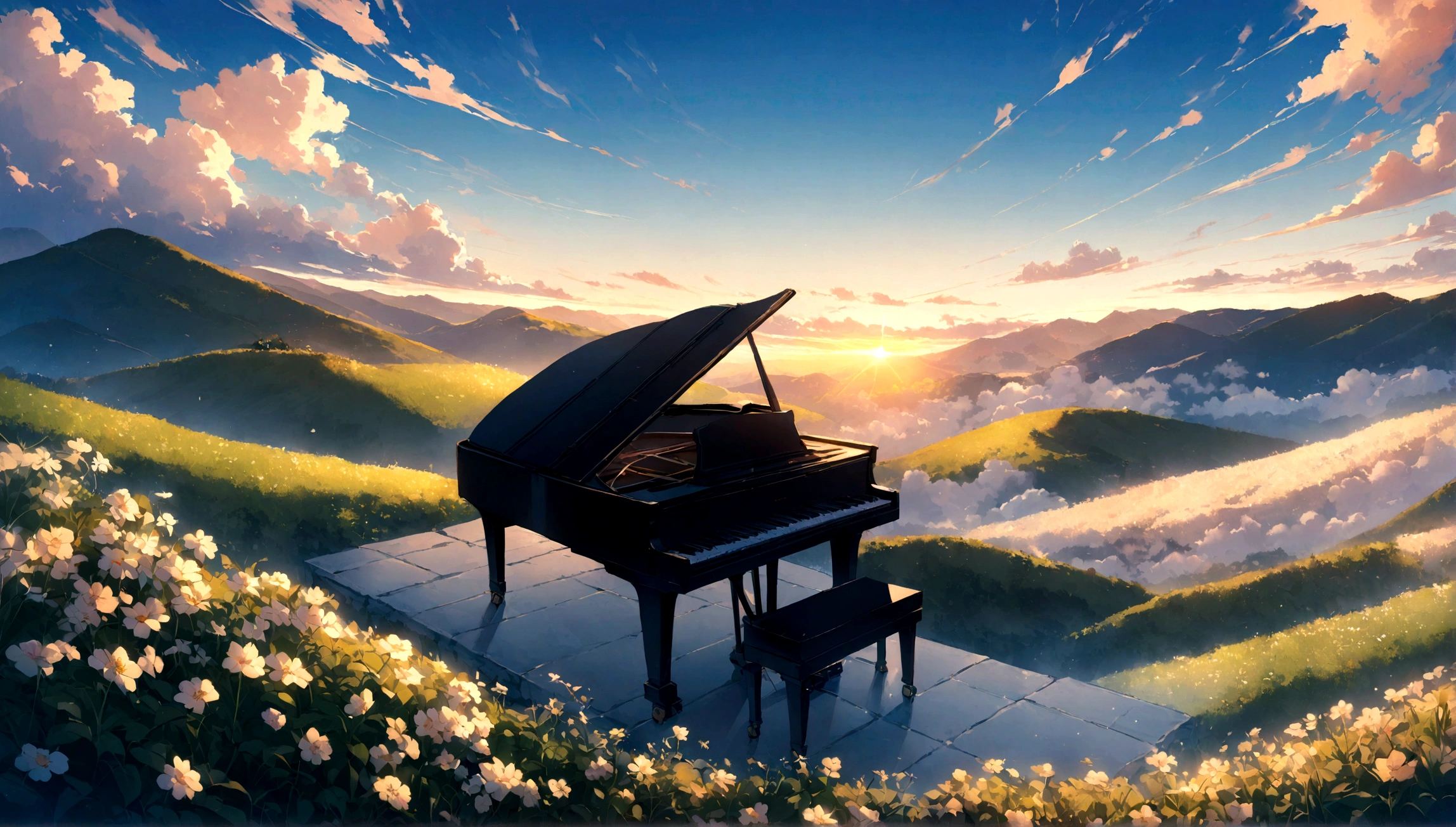 A grand piano in a flower field、The blue sky spreads across the sky、Rice terraces viewed from the summit、Sunrise over the horizon