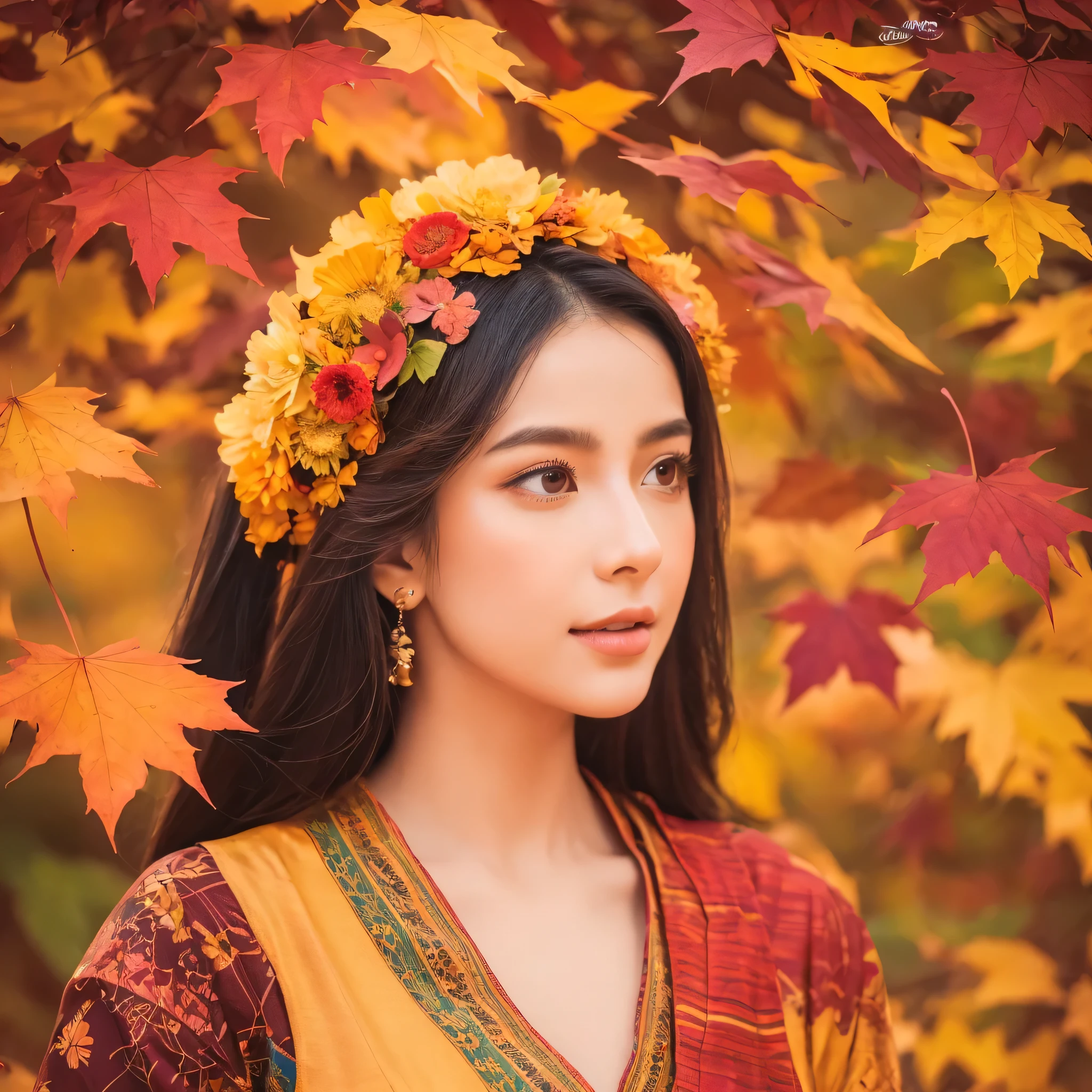 A girl with orange and yellow flowers and leaves adorning her head and clothing, a vibrant autumn-inspired look, mesmerizing mixed-media painting, meticulous brushstrokes, vibrant colors, lifelike quality, kaleidoscope of golden hues intermingled with subtle crimson tones, elegance and allure, delicate silk strands trailing from fingertips, ethereal touch, exquisite artwork, juxtaposition of grace and power, extraordinary beauty, realistic photo, beautiful background, volumetric effect, geometric effect, sharp focus