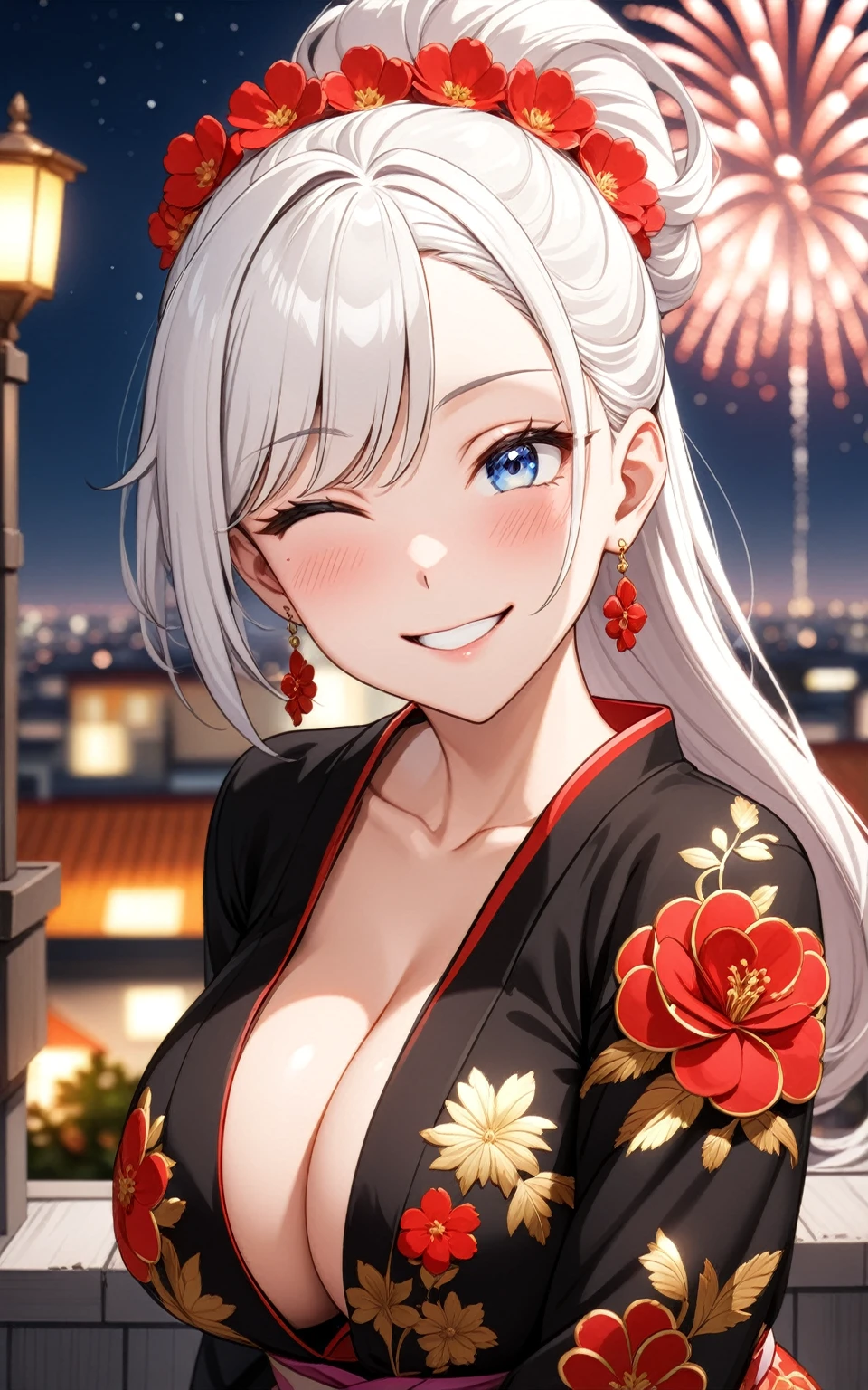 ((one personの女性)), Beautiful Face,Laughing embarrassedly,((Wink:2.0)),Laughing with your mouth open,((Bright red cheeks:1.3)),Glossy pink lips,night,rooftop,firework,((Anime style background)),masterpiece, highest quality, so beautiful, Latest, Complex details, (Pink long nails),AI-generated, Complex,High resolution, highest quality, super high quality,3D Images、View your viewers、3D Images,one person,Long white hair,High Ponytail,blue eyes,Anime woman posing for a photo, ((Fine grain、Colorful eyes、Shining Eyes:1.1)),(Squint your eyes:1.1),a hyperRealistic , hyperRealistic , Realistic,Anime woman with long and white hair, Smooth anime CG art, A woman in a colorful kimono with gold embroidery, (Black kimono),Red floral pattern,Long flower hair ornament,Big earrings,,Mature Body,(Big Breasts:1.3),Tall,Big Ass,Fine details,Narrow waist,(Face close-up:1.5),Tilt your face,Shooting from an angle