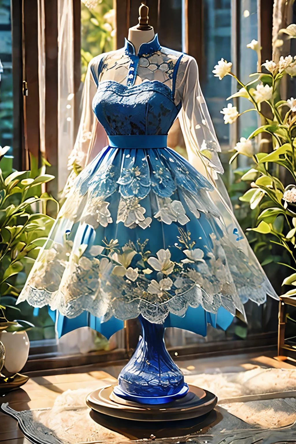 Blue laceで出来た衣服, beautiful lace dress, Lace clothes for room decoration, indoor, Blue lace, Very delicate lace, best quality:1.2, 4k, 8K, Very detailed, High Detail, masterpiece:1.2,, Ultra wide angle