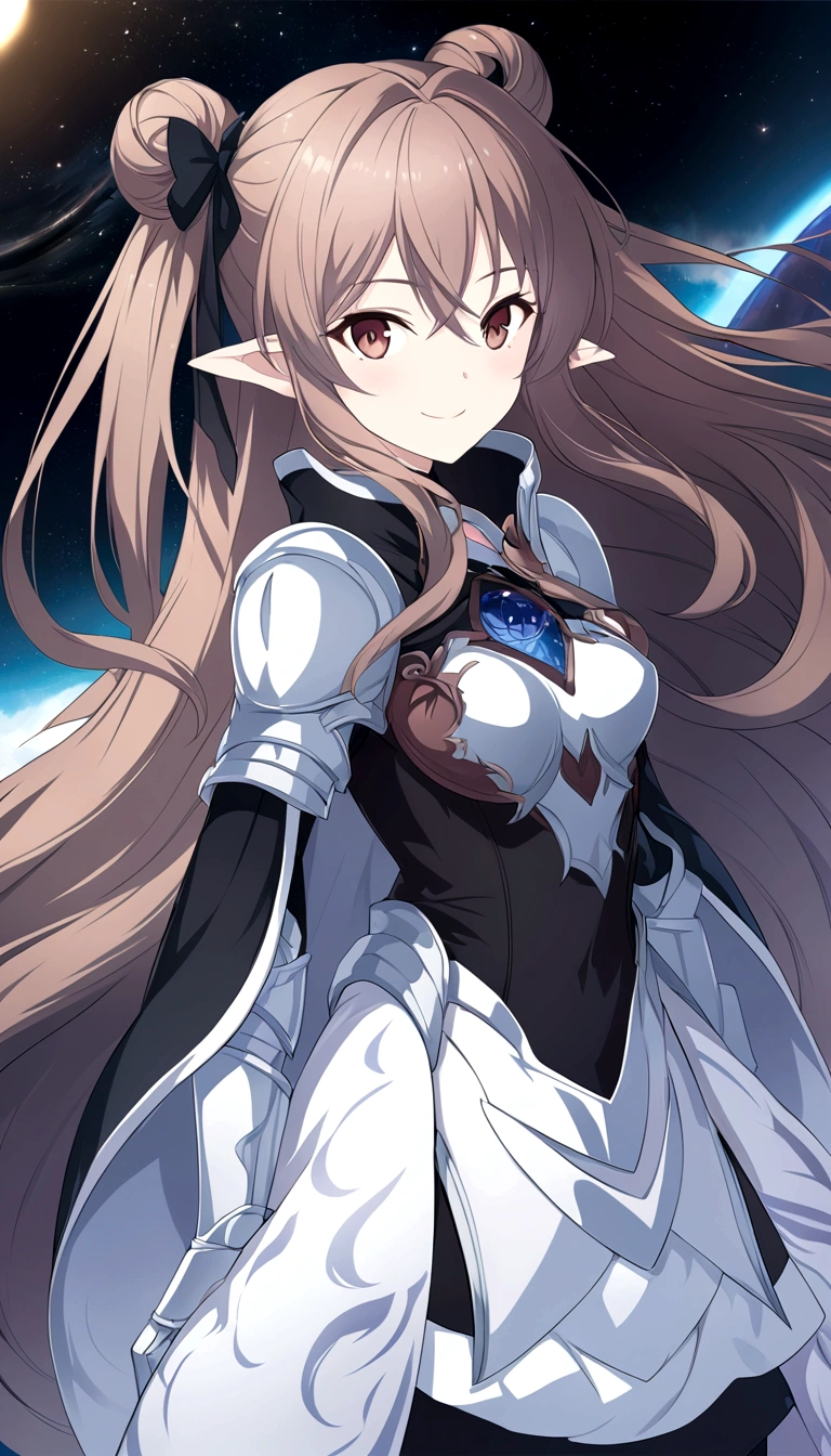 anime girl with long hair and a black dress standing in front of a planet, anime goddess, shadowverse style, detailed digital anime art, extremely detailed artgerm, knights of zodiac girl, armor girl, detailed anime artwork, advanced digital anime art, detailed anime character art, detailed anime art, detailed key anime art, portrait knights of zodiac girl, anime fantasy artwork, smile, warm, small 