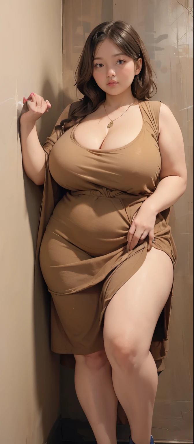 woman in brown dress and shorts hairstyle Leaning against the wall of the dark room, wearing a polite brown clothes , hijab outfit, with a long brown dress , longest dress fashion model, plus size, plus size woman, wearing brown longest dressed , woman in brown longest dress , beautiful Indonesia woman, thicc, brown outfit,, wearing a brown robe, brown , with longest hand clothes , bbwchan, large cleavage, very large cleavage, massive cleavage , wearing a sneakers, 35 years old woman, asian women , short hair , full body, thick neck , massive thighs , thick cheeks , Indonesian goddess