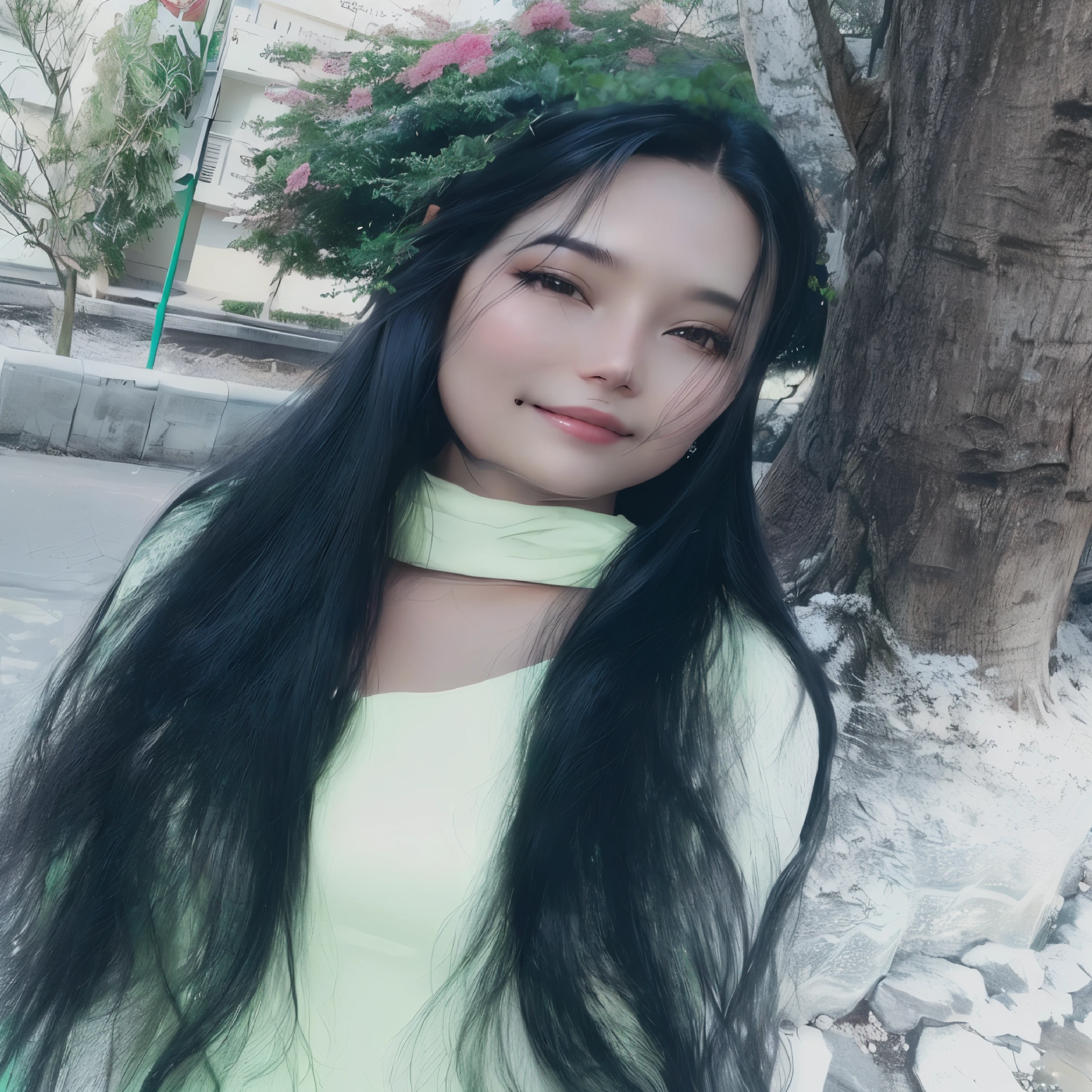 there is a woman with sing and silky long black hair standing next to a tree, with sing and silky long black hair, garden area, photo of a woman, cute lovely look, female with pencil ki sing and silky long black hair, candid picture, with a beautifull smile,  high quality picture, 23 years old woman, with sing silky long black hair, 23 years old woman, very beautiful girl