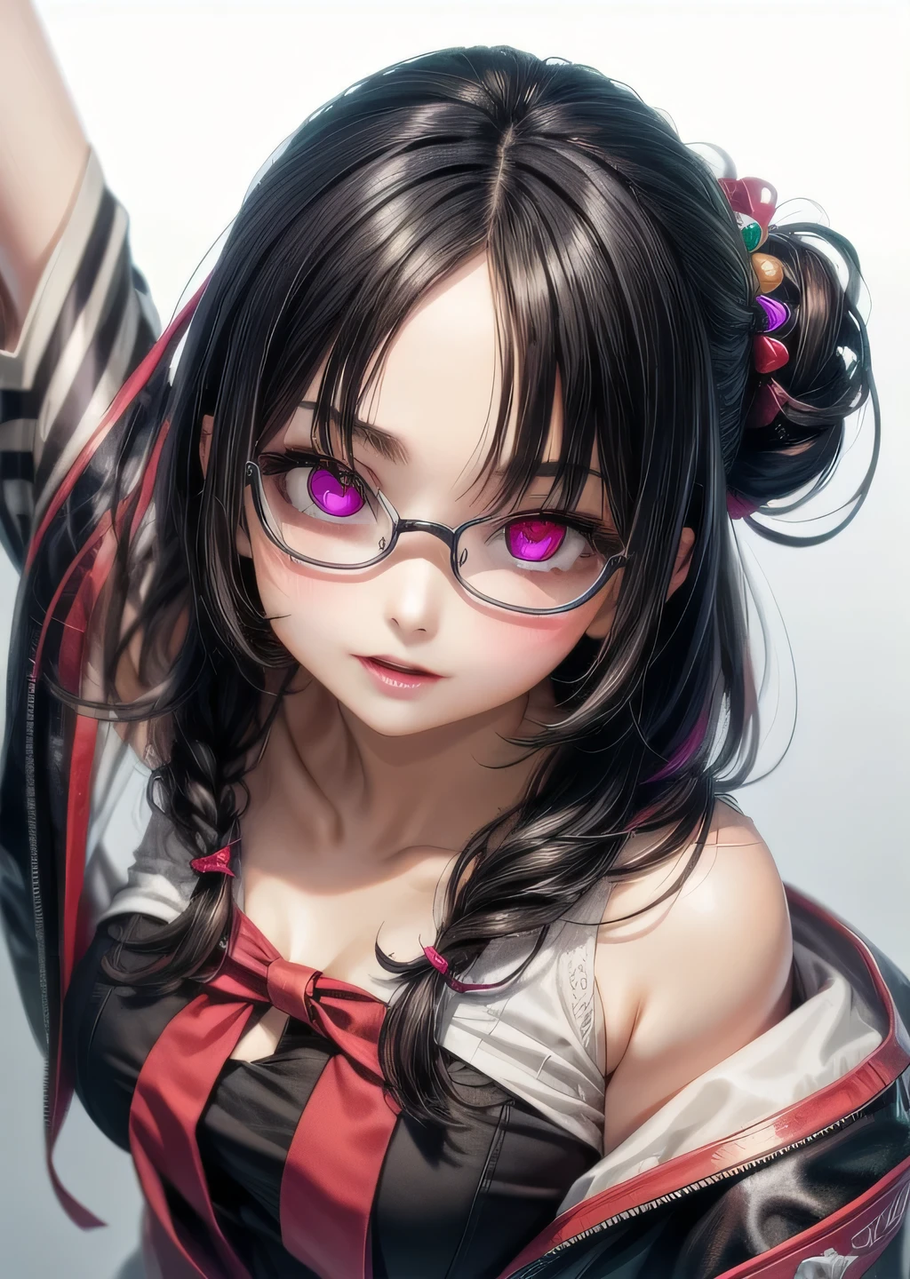 (highest quality:1.4), (High resolution:1.2), Sharp contours, Long Hair, highest quality, masterpiece,Glasses,Voice of the Heart,yandere,Full Body Shot,20-year-old woman,yandere,Big Breasts,Ecstasy,saliva,blush,Squint your eyes,Heterochromia iridis,Tuck up your clothes,