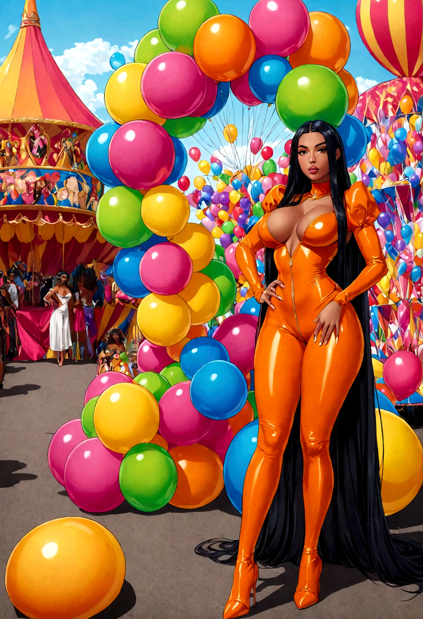 neon oorange, physique: (A (bottom-heavy, superior) body part, exaggerated curves), narrow triangular waist, wide trapezoidal hips, [Woman: Dua Lipa as Megan thee Stallion as Vixen (from dc comics), drop dead gorgeous bitch duo, 32 years old, Perfect lady duo], (location: balloon carnival), {{{masterpiece photography}}}, genetically modified to have the widest hips in the world with the smallest chest in the World, with lots of bio-translucent slime & lime inflatable parts & and big puffy sleeves, (lighting: cinematic), soft lighting, (film: Fujifilm superia), [motion picture film gauge: 70 mm], by DynastySeries FashionNova, uhd, best quality, sharp focus, extremely detailed, ultra photo-realistic resolution, (focus: sharp), warm color palette, exaggerated curves