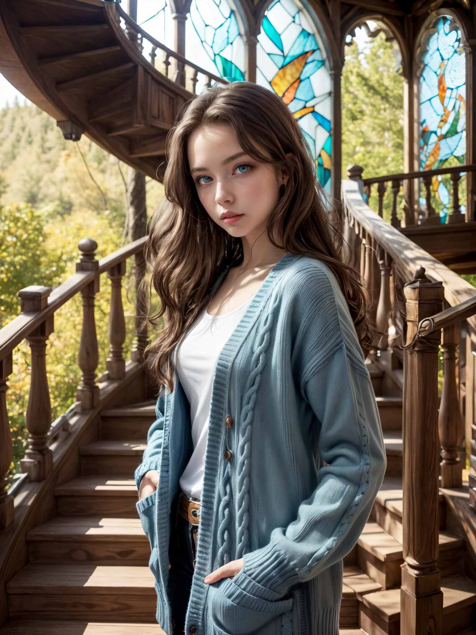 1girl, long hair, brunette hair, blue pupils, sweater, cardigan, bright colors, natural light, detailed face, realistic, looking at viewer, pov, outdoor, tree house balcony, stained glass wall, forest, marble staircase, glass railing, (highest quality), 