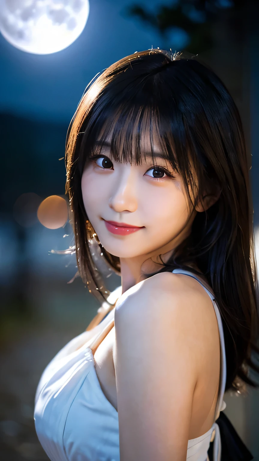 (highest quality,masterpiece:1.3,Ultra-high resolution),(Very detailed,Caustics,8k),(Realistic:1.4,RAW shooting),(night),(Night Sky),(Starry Sky),(full moon),(Beach),(Looking down at the camera),1 girl,Sitting,20-year-old,cute,Japanese,(smile),Long black hair,Strong winds,(Hair blowing in the wind),(White Dress),(Big Breasts),Natural light,moonlight,(Bust up shot),(Face close-up),(Low position:1.1),(Low Angle:1.1)
