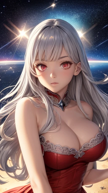 (masterpiece, highest quality, Super detailed, High resolution, figure:0.8), Highly detailed wallpaper, Official Art, wonderful, High detail, Super detailed, Highly detailed 8k wallpaper,Closed whole body, (((Burstingly Big Breasts)))、Bright silver hair, Red eyes with elongated pupils, (outer space with shining stars: 1.3), (One girl, alone),(Gorgeous bright red dress),sexy,Perfect Anatomy,Beautiful Face, Provocative,
