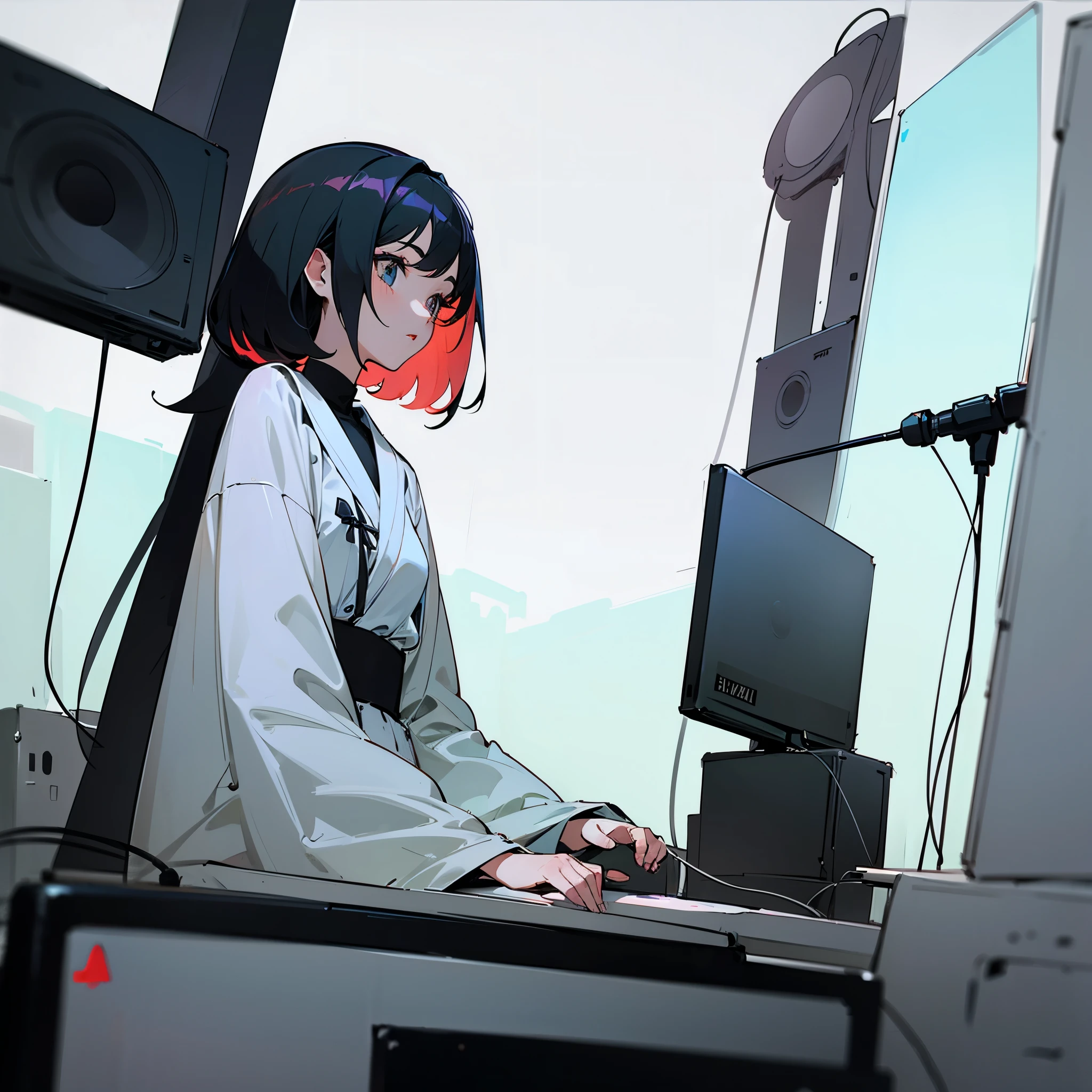 a girl drawn in the style of an old anime sitting in a white room.
la chica tiene el pelo negro, Corte de pelo Bob.
La chica lleva un top blanco..
there is a fan and big music speakers nearby