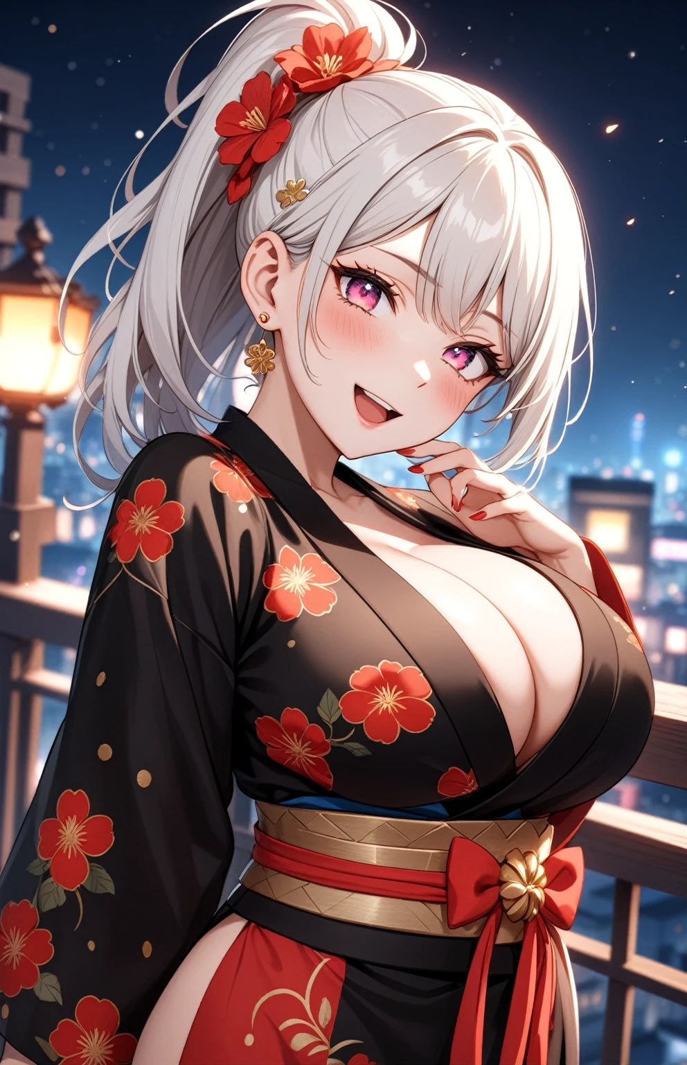 ((one personの女性)), Beautiful Face,Laughing embarrassedly,((Wink:2.0)),Laughing with your mouth open,((Bright red cheeks:1.3)),Glossy pink lips,night,rooftop,firework,((Anime style background)),masterpiece, highest quality, so beautiful, Latest, Complex details, (Pink long nails),AI-generated, Complex,High resolution, highest quality, super high quality,3D Images、View your viewers、3D Images,one person,Long white hair,High Ponytail,blue eyes,Anime woman posing for a photo, ((Fine grain、Colorful eyes、Shining Eyes:1.1)),(Squint your eyes:1.1),a hyperRealistic , hyperRealistic , Realistic,Anime woman with long and white hair, Smooth anime CG art, A woman in a colorful kimono with gold embroidery, (Black kimono),Red floral pattern,Long flower hair ornament,Big earrings,Mature Body,(Big Breasts:1.3),Tall,Big Ass,Fine details,Narrow waist,(Face close-up:1.4),Tilt your face,Shooting from an angle