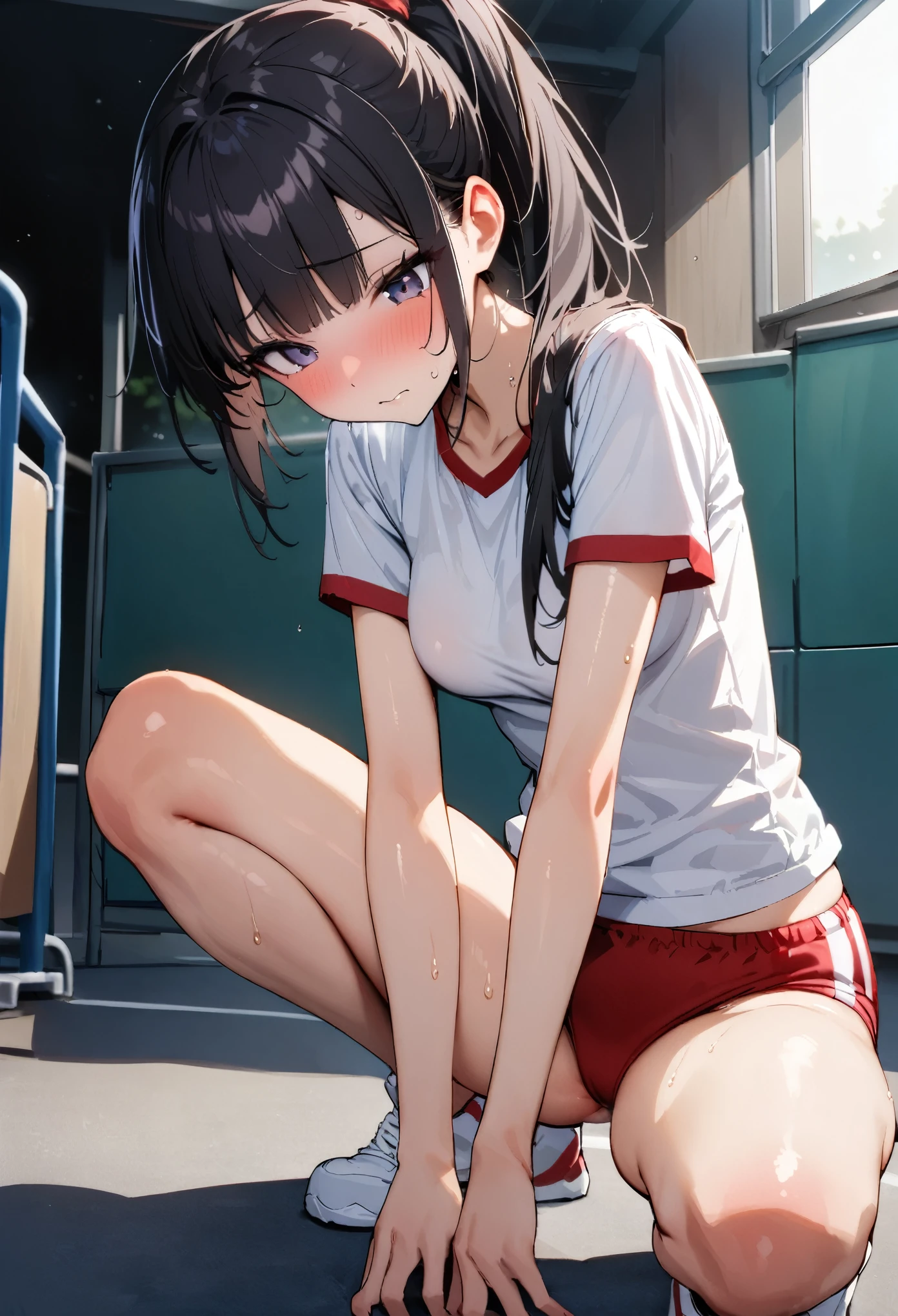 (((masterpiece, highest quality:1.3,absurdres))),cowboy shot,18 year old beauty,solo,((very small head:1.5)),ponytail hair style,long hair,blunt bangs,black hair,glay eyes,shy,medium breasts,((very long body,slender body)),skinny,gleaming skin,shiny skin,sweat, ,(White short sleeve T-shirt, Red Ringer Neck, school gym red buruma)、white sneaker shoes, ,squatting、spread legs,School playground、at night、moonlight、