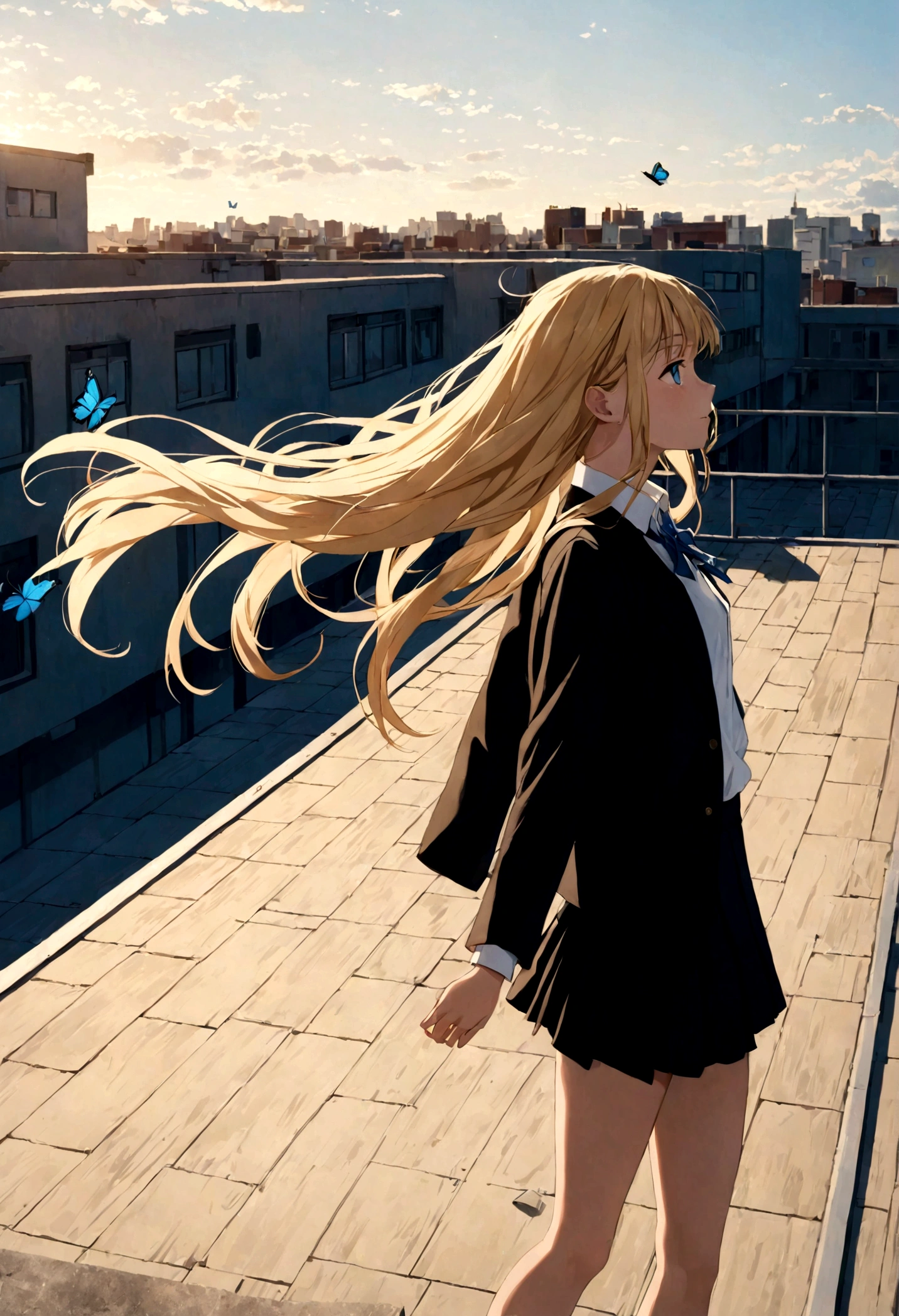 , girl wearing white shirt and black short skirt , , thin black jacket , Blonde, super long hair, long hair past the calves , thin hair, flat bangs , Perfect Face, Beautiful eyes, Blue butterfly hair clip, hair flying in the wind, background on school rooftop, late afternoon.