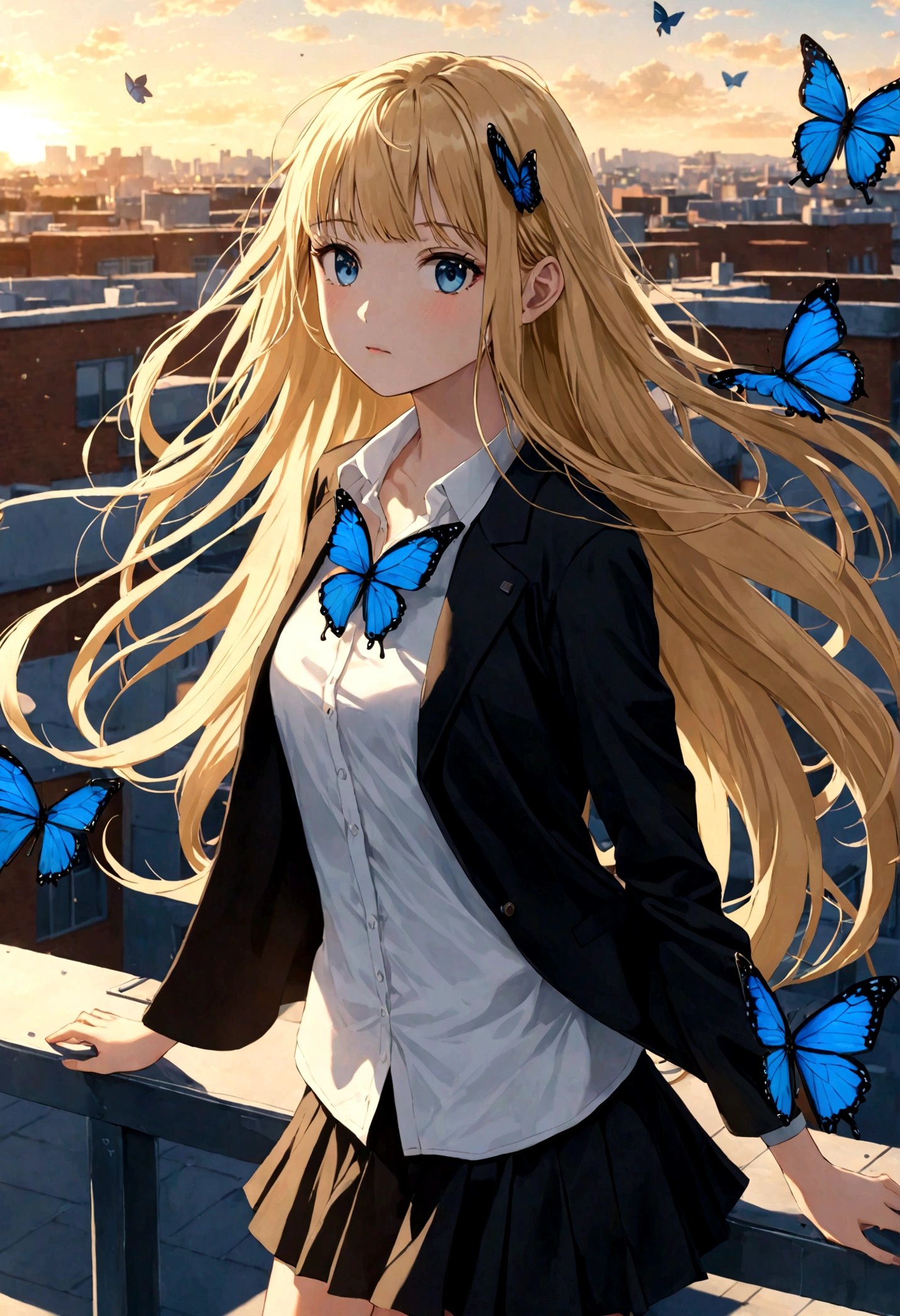 , girl wearing white shirt and black short skirt , , thin black jacket , Blonde, super long hair, long hair past the calves , thin hair, flat bangs , Perfect Face, Beautiful eyes, Blue butterfly hair clip, hair flying in the wind, background on school rooftop, late afternoon.
