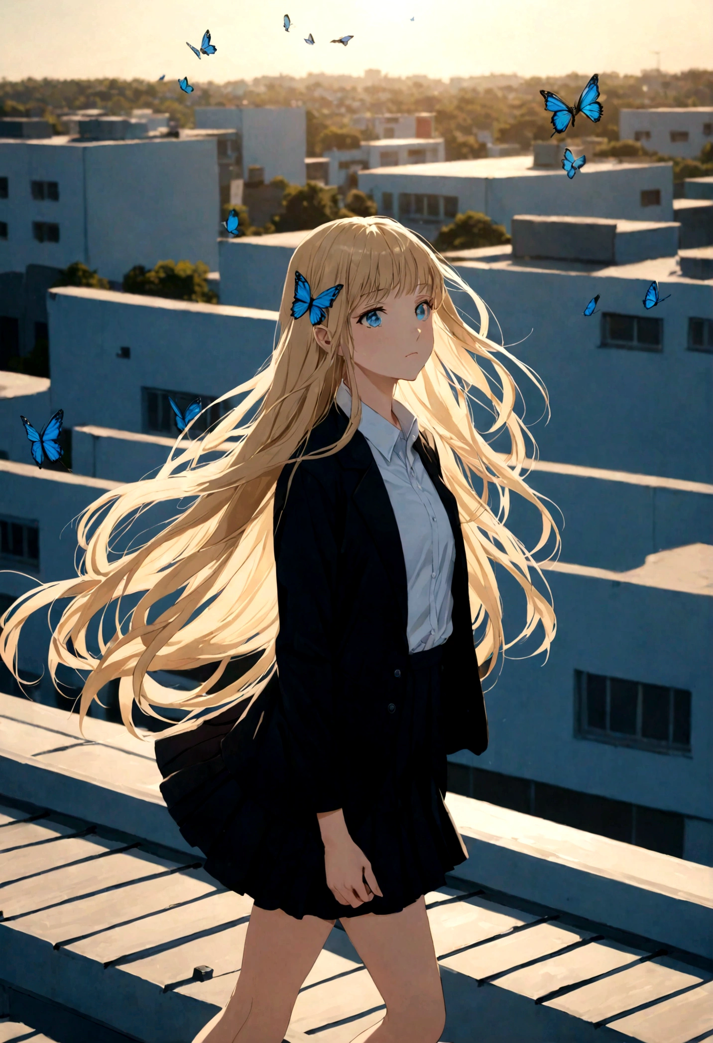 , girl wearing white shirt and black short skirt , , thin black jacket , Blonde, super long hair, long hair past the calves , thin hair, flat bangs , Perfect Face, Beautiful eyes, Blue butterfly hair clip, hair flying in the wind, background on school rooftop, late afternoon.
