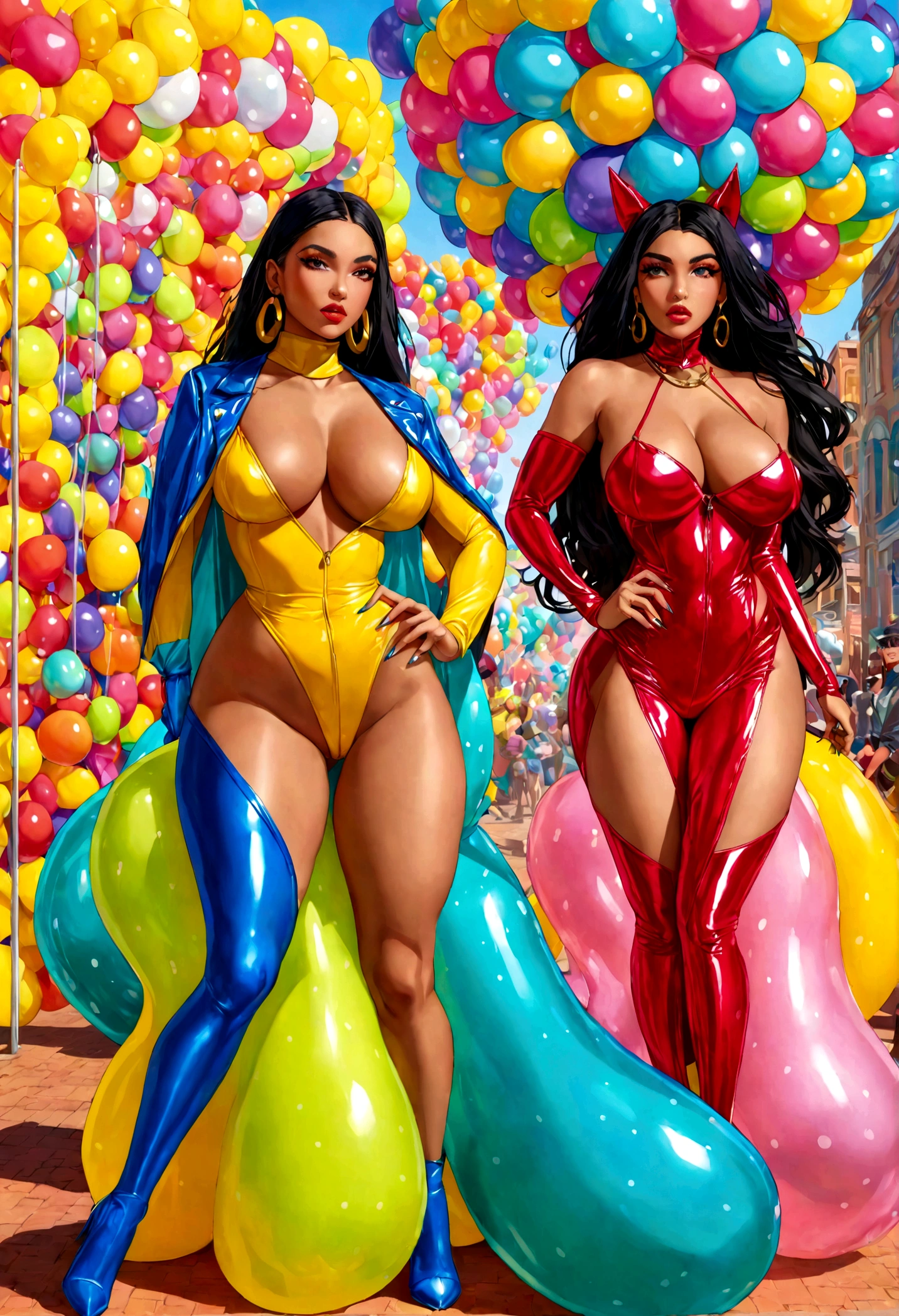 neon sslime, physique: (A (bottom-heavy, superior) body part, exaggerated curves), narrow triangular waist, wide trapezoidal hips, [Woman: Dua Lipa as Megan thee Stallion as Vixen (from dc comics), drop dead gorgeous bitch duo, 32 years old, Perfect lady duo], (location: balloon carnival), {{{masterpiece photography}}}, genetically modified to have the widest hips in the world with the smallest chest in the World, with lots of bio-translucent slime & lime inflatable parts & and big puffy sleeves, (lighting: cinematic), soft lighting, (film: Fujifilm superia), [motion picture film gauge: 70 mm], by DynastySeries FashionNova, uhd, best quality, sharp focus, extremely detailed, ultra photo-realistic resolution, (focus: sharp), warm color palette, exaggerated curves