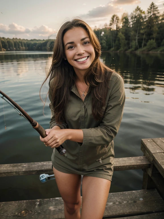 smiling woman aged 40, fishing, lake, fishing rod, fishing equipmen, full body, long brown hair, cinematic atmosphere, feminine, natural, Perfect eyes, perfect hands, perfect teeth, pretty smile, ultra-sharp, high resolution, imperfect skin, natural skin, wide angle shot