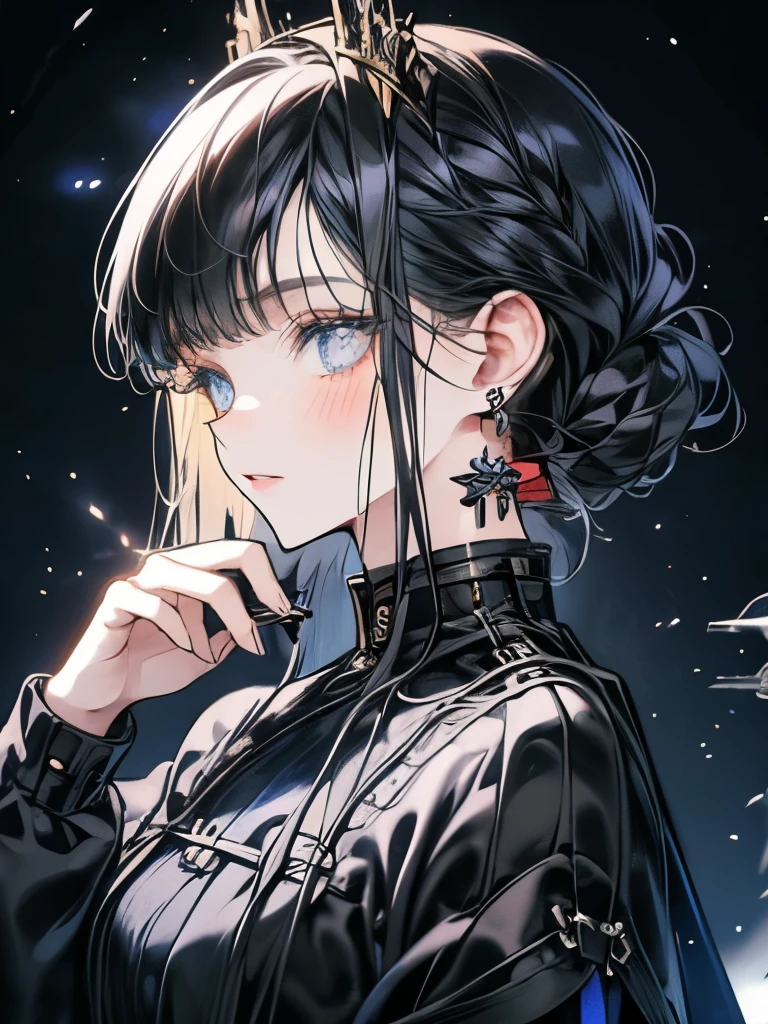 Beautiful young adult woman, short black hair, vibrant dark blue eyes, black clothing covered by a navy blue tunic, water magic, ultra detailed