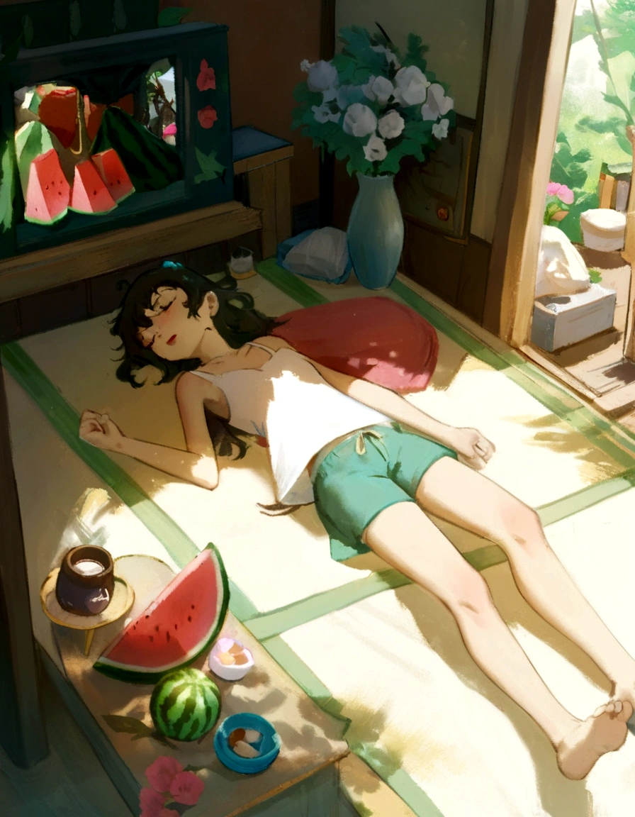 A woman lying in bed,Cartoon scene with watermelon in hand, studio glibly Xin Haicheng, style of Xin Haicheng, Summer Afternoon, Studio Ghibli Sunshine, Xin Haicheng art style, Xin Haicheng!!, Xin Haicheng!, Xin Haicheng style, Xin Haicheng. High Detail, in style of Xin Haicheng
