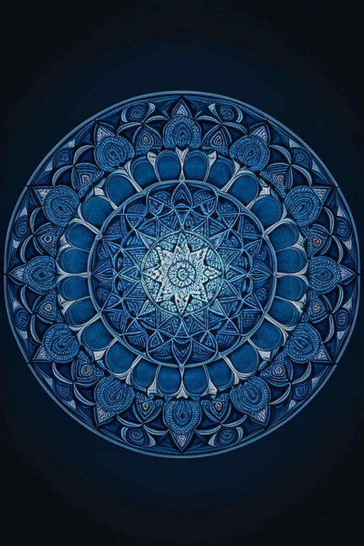 Create a mandala art with intricate details, using shades of blue gradient against a dark translucent background. Position the artwork centrally, ensuring there are no missing sections.
