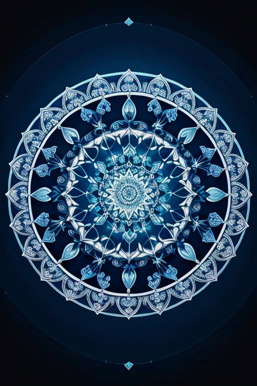 Create a mandala art with intricate details, using shades of blue gradient against a dark translucent background. Position the artwork centrally, ensuring there are no missing sections.