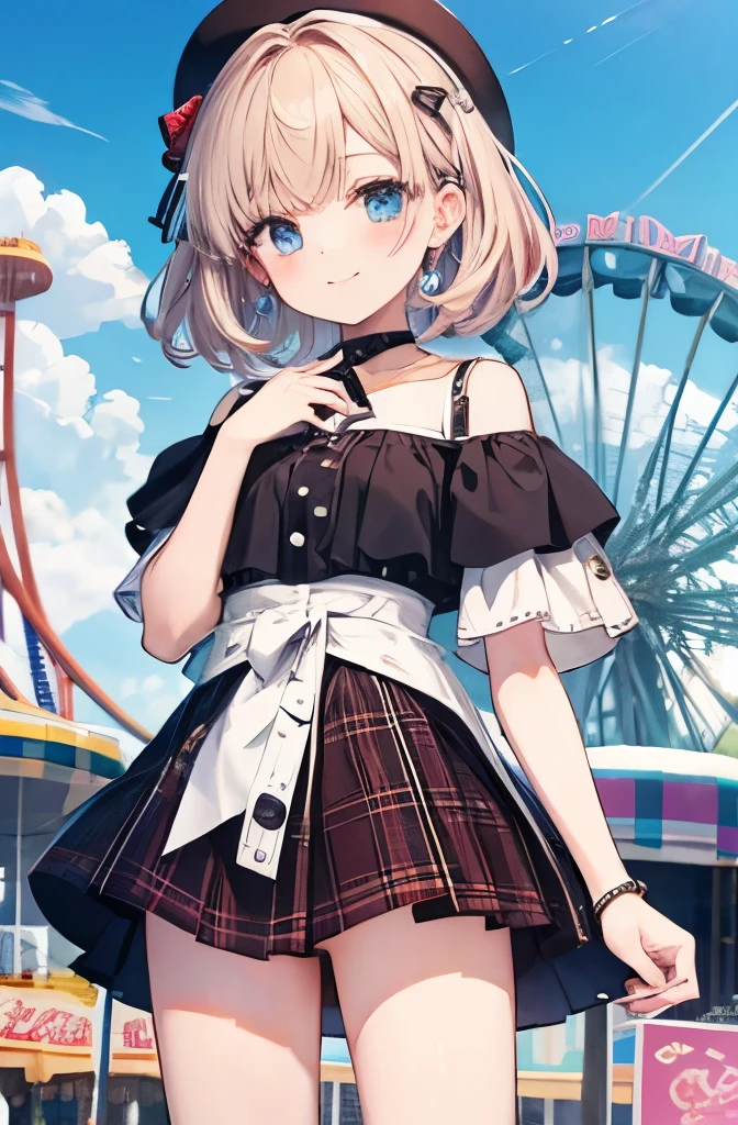 Highest quality,8k,High definition,,Off the shoulder,Checked mini skirt,amusement park,smile