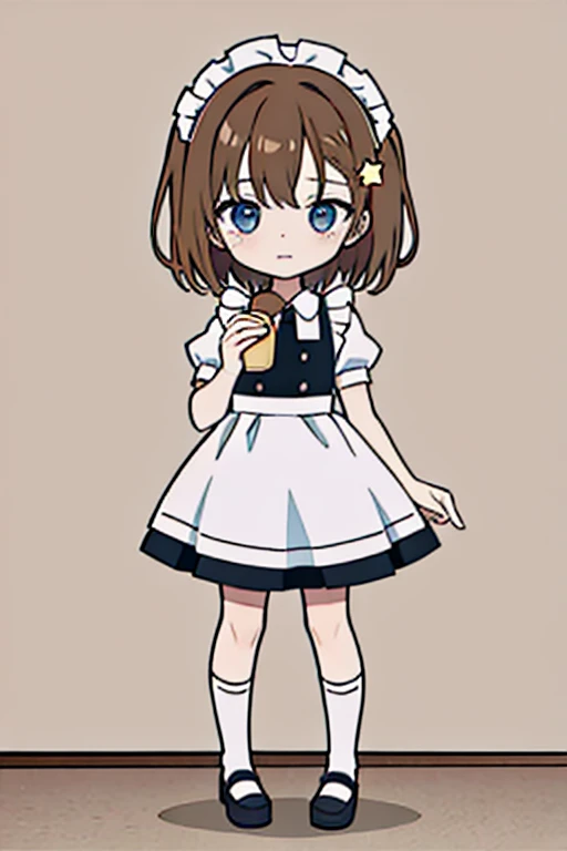 masterpiece, best quality, 8k, cinematic light, ultra high res, chibi, 1girl, maid dress, holding pancake, short brown hair, estrella adorno para el pelo, hair ornament, full body