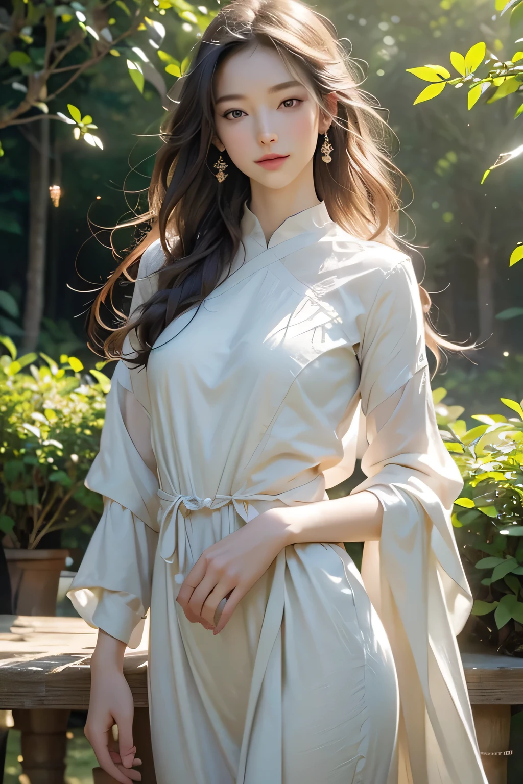 a beautiful young woman, 1girl, long flowing hair, elegant pose, detailed facial features, beautiful eyes, delicate nose, full lips, porcelain skin, flowing dress, outdoor garden setting, lush greenery, sunlight filtering through trees, (best quality,4k,8k,highres,masterpiece:1.2),ultra-detailed,(realistic,photorealistic,photo-realistic:1.37),vibrant colors, cinematic lighting, intricate details, dreamlike atmosphere