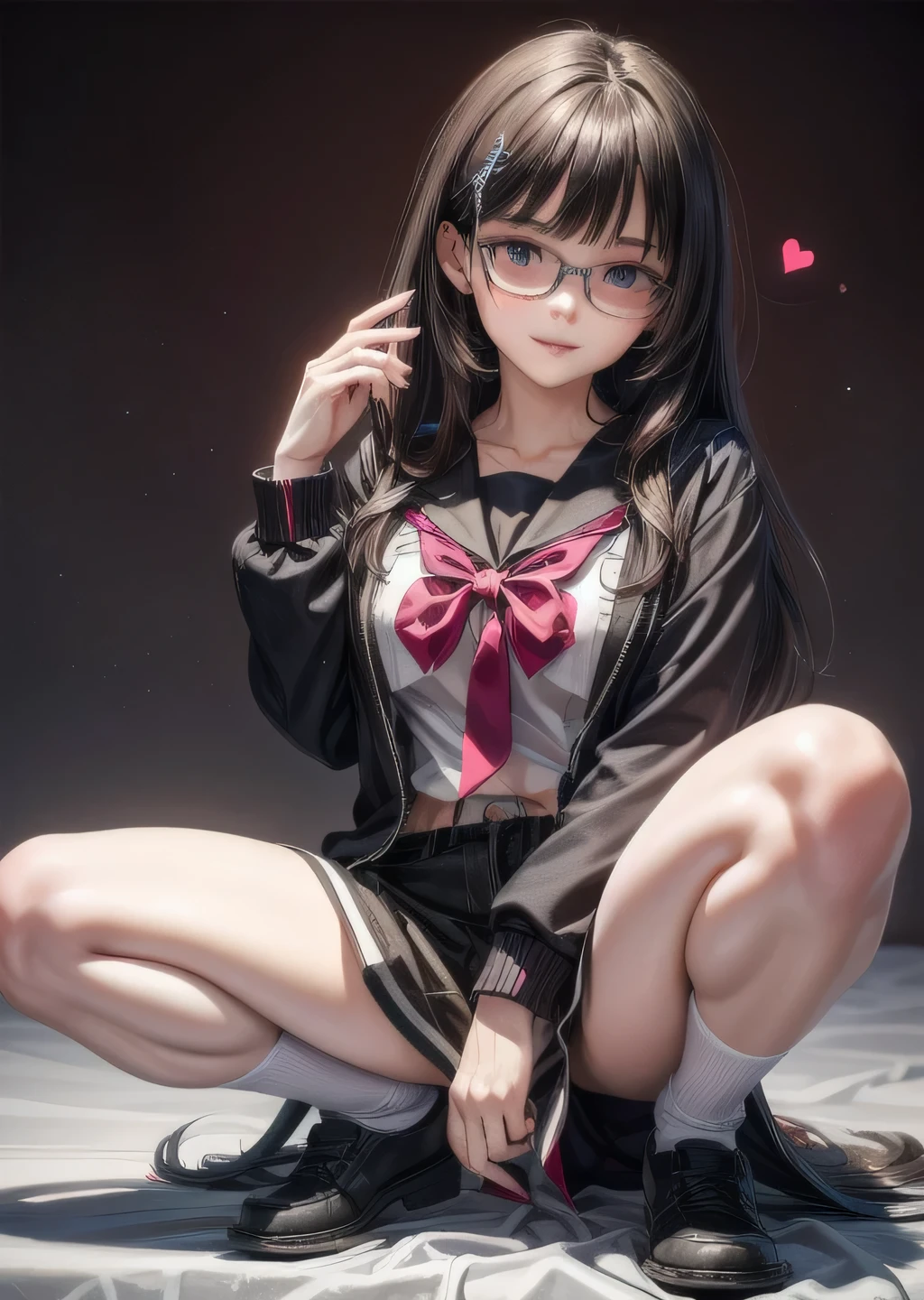  (highest quality:1.4), (High resolution:1.2), Sharp contours, Long Hair, highest quality, masterpiece,Glasses,Voice of the Heart,yandere,Full Body Shot,20-year-old woman,yandere,Big Breasts,Ecstasy,saliva,blush,Squint your eyes,Heterochromia iridis,Tuck up your clothes,