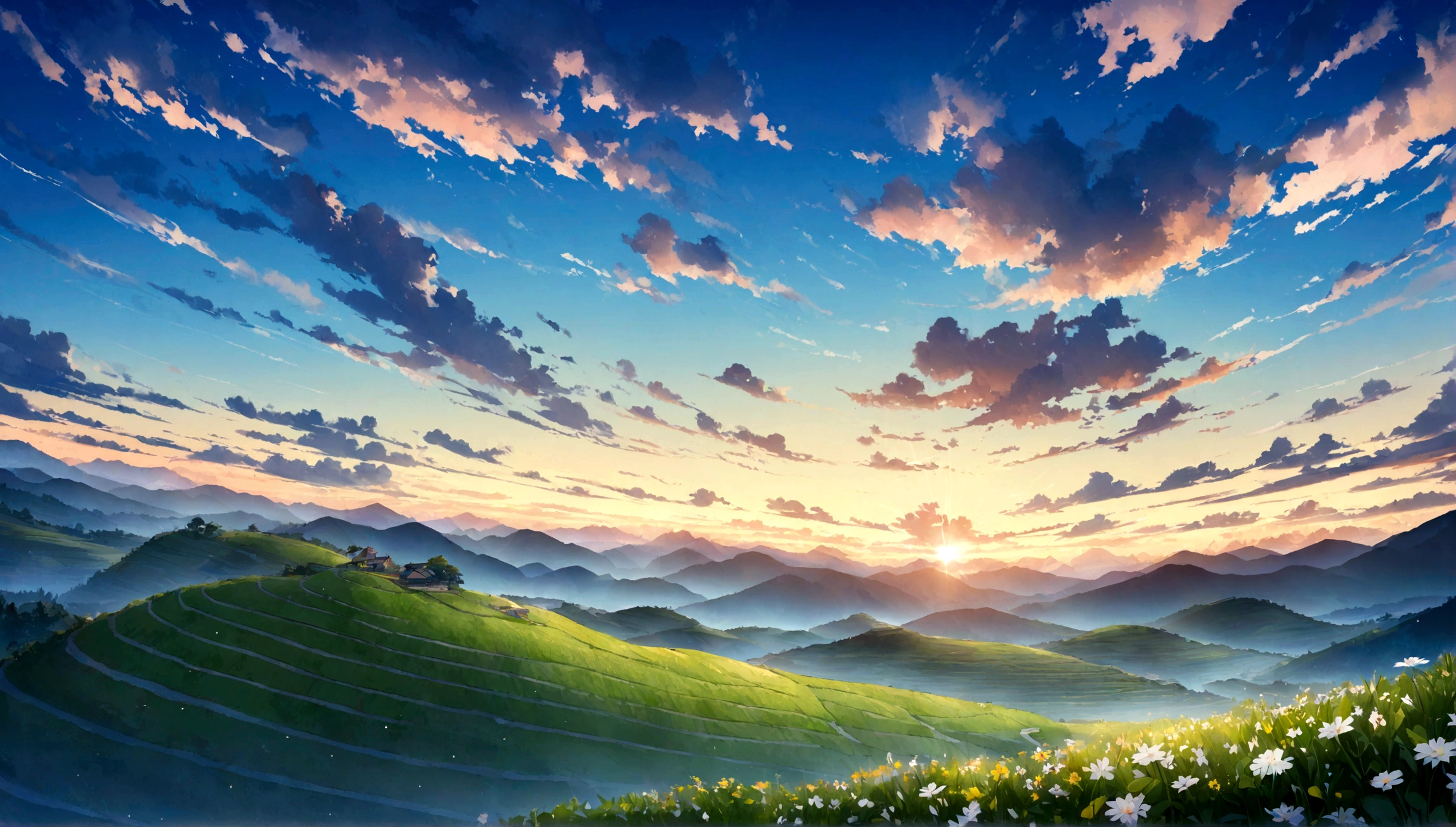 A grand piano in a flower field、The blue sky spreads across the sky、Rice terraces viewed from the summit、Sunrise over the horizon
