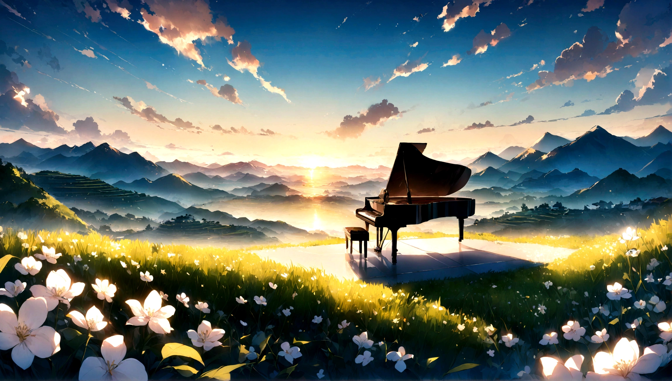 A grand piano in a flower field、The blue sky spreads across the sky、Rice terraces viewed from the summit、Sunrise over the horizon