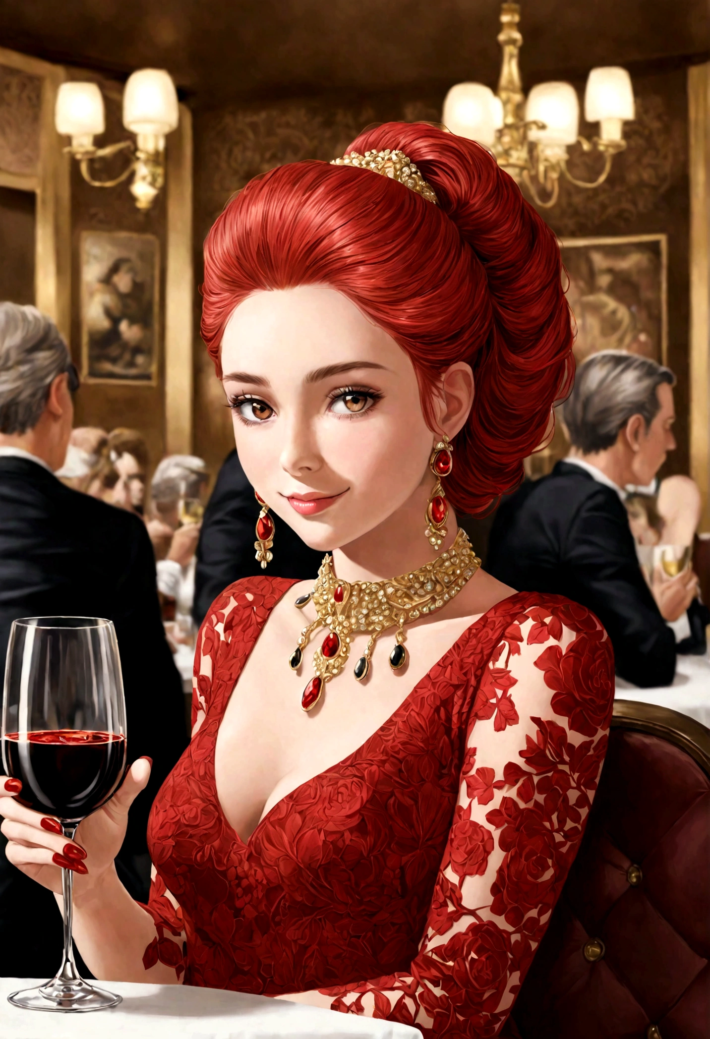 Hyperrealista, epic realism, efecto grano, mirada natural, alta calidad,  masterpiece 22 year old red haired girl, con un hermoso vestido corto negro de terciopelo con tirantes, lleva su cabello en recogido en una cola de caballo alta, su maquillaje es negro ahumado, toma de cuerpo completo sentada en una silla de un restaurante costoso y lujoso. She wears high boots with stiletto heels. Tiene una cadena de oro entorchada y unas argollas de oro engarchadas en diamantes. Su boca es carnosa de color rojo. It&#39;s in a restaurant with all Michelin stars, smiles charmingly while holding a glass of wine , altamente realista, mujer real, photographic style