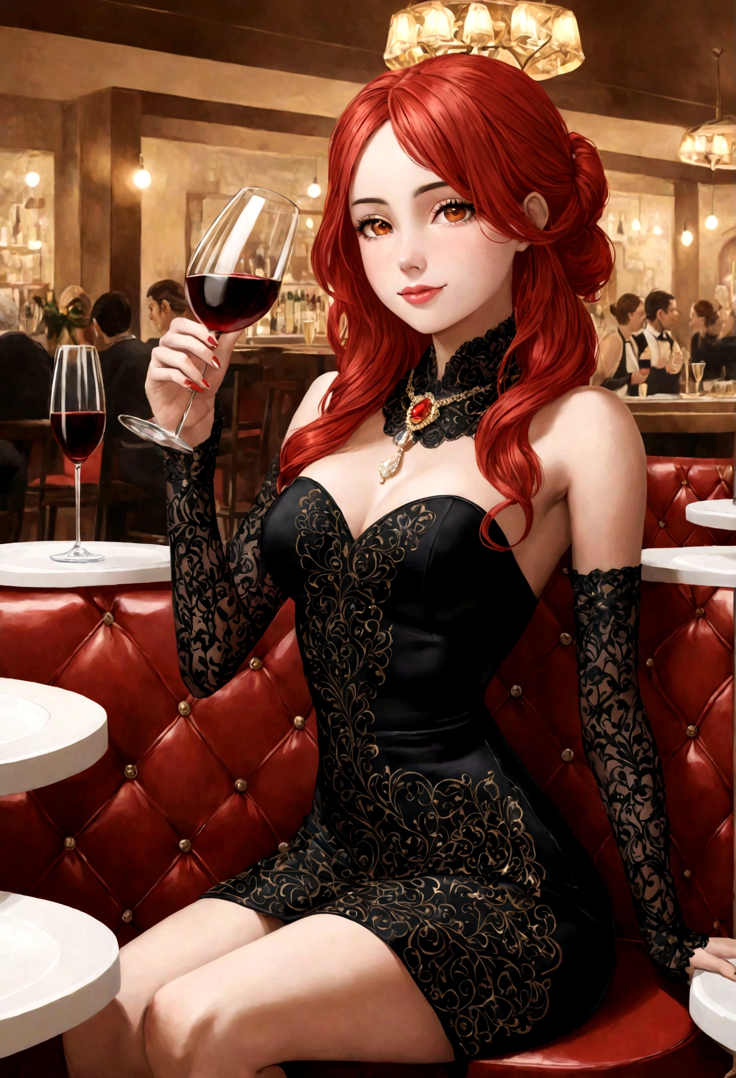 Hyperrealista, epic realism, efecto grano, mirada natural, alta calidad, masterpiece 22 year old red haired girl, con un hermoso vestido corto negro de terciopelo con tirantes, lleva su cabello en recogido en una cola de caballo alta, su maquillaje es negro ahumado, toma de cuerpo completo sentada en una silla de un restaurante costoso y lujoso. She wears high boots with stiletto heels. Tiene una cadena de oro entorchada y unas argollas de oro engarchadas en diamantes. Su boca es carnosa de color rojo. It's in a restaurant with all Michelin stars, smiles charmingly while holding a glass of wine , altamente realista, mujer real, photographic style