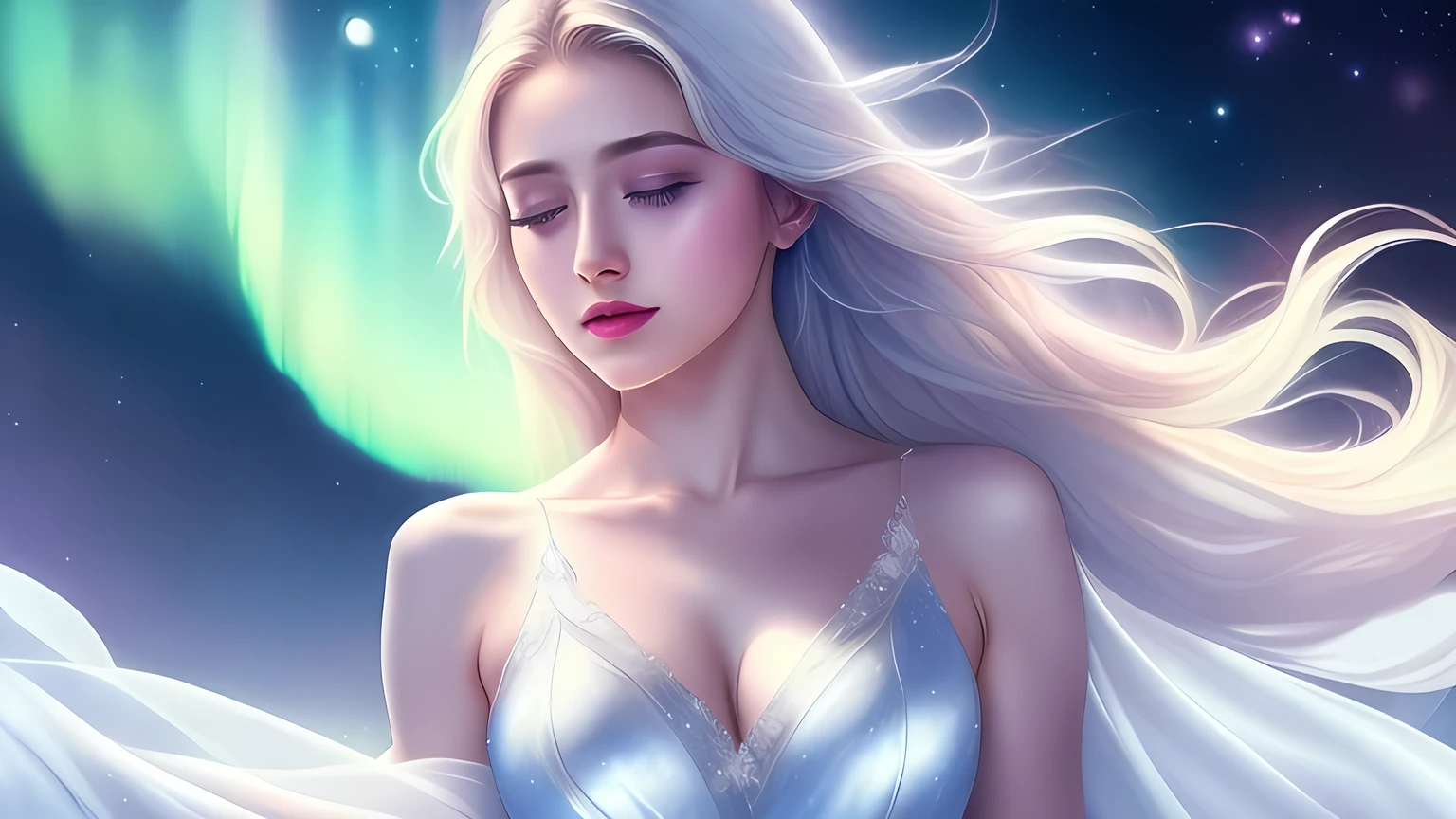 a beautiful ice goddess, close up, in ice dress, soft face, full lips, slim body, small breast, slim tights, northern lights in background, ice transparent cape, blond hair, dress made of ice crystals covering her entire body, realistic, angelic, award-winning digital art,( insamente detailed 1.5) with tips in detail in 8k wallpaper ) soft lighting, dreamy atmosphere, ethereal aesthetic, fantasy theme, nature elements, floral background, delicate details, flowing hair, whimsical pose, vibrant colors, sleeping 