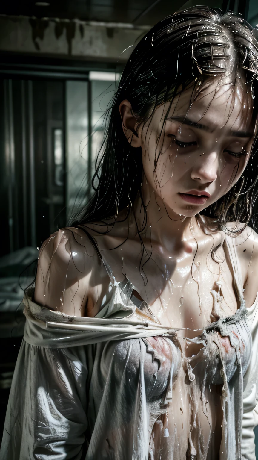 best image quality, masterpiece, ultra high resolution, (fidelity :1.4), photograph, 1 girl,[(sorrow)],white shirt, 薄dark, dark, Desperate, regret, pitiful, cinematic,tear,teardrop,(torn clothes:1.5), (wet clothes:1.4), bare shoulders,real rain,wet hair,..