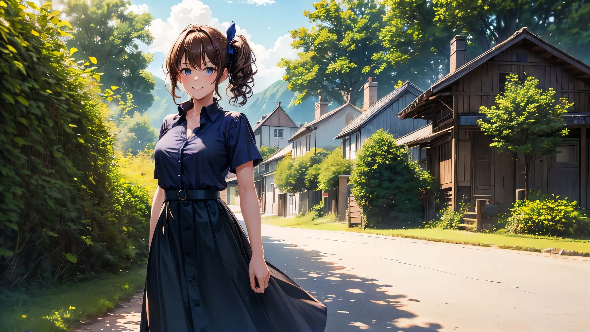 1girl, solo, full body, summer, village, trees, sun, clouds, chestnut hair, curly hair, side ponytail, large breasts, button down, dark blue eyes, ((dark blue shirt)), ((unbuttoned shirt)), ((short sleeved shirt)), black skirt, brown shoes, grin, looking at the viewer, standing, hair ribbon, golden necklate