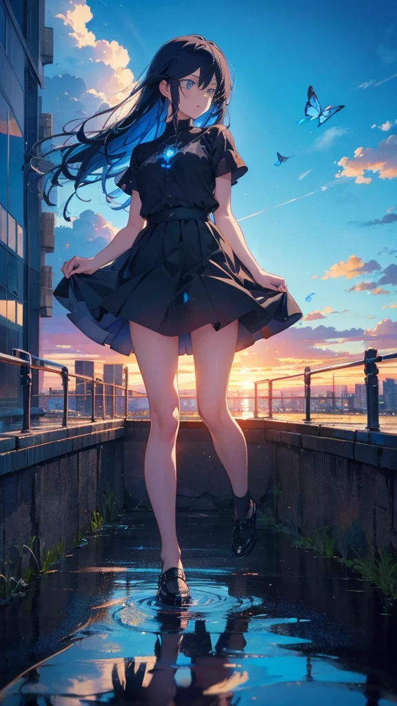 1 anime girl, alone,black hair,Blue shining jewel eyes,Black petals flutter, A mysteriously shining butterfly.blue sky,city,Vivid blue hair,bright blue jewel eyes,thin legs,cloudy sky,very clear,highest quality,Are standing,Straight Hair,morning,Mid-length skirt,City of Sunsets,Looking up at the sky,profile,Look to the side