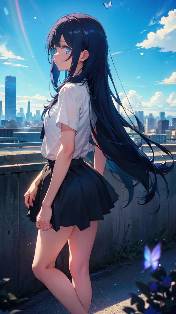 1 anime girl, alone,black hair,Blue shining jewel eyes,Black petals flutter, A mysteriously shining butterfly.blue sky,city,Vivid blue hair,bright blue jewel eyes,thin legs,cloudy sky,very clear,highest quality,Are standing,Straight Hair,morning,Mid-length skirt,City of Sunsets,Looking up at the sky,profile,Look to the side