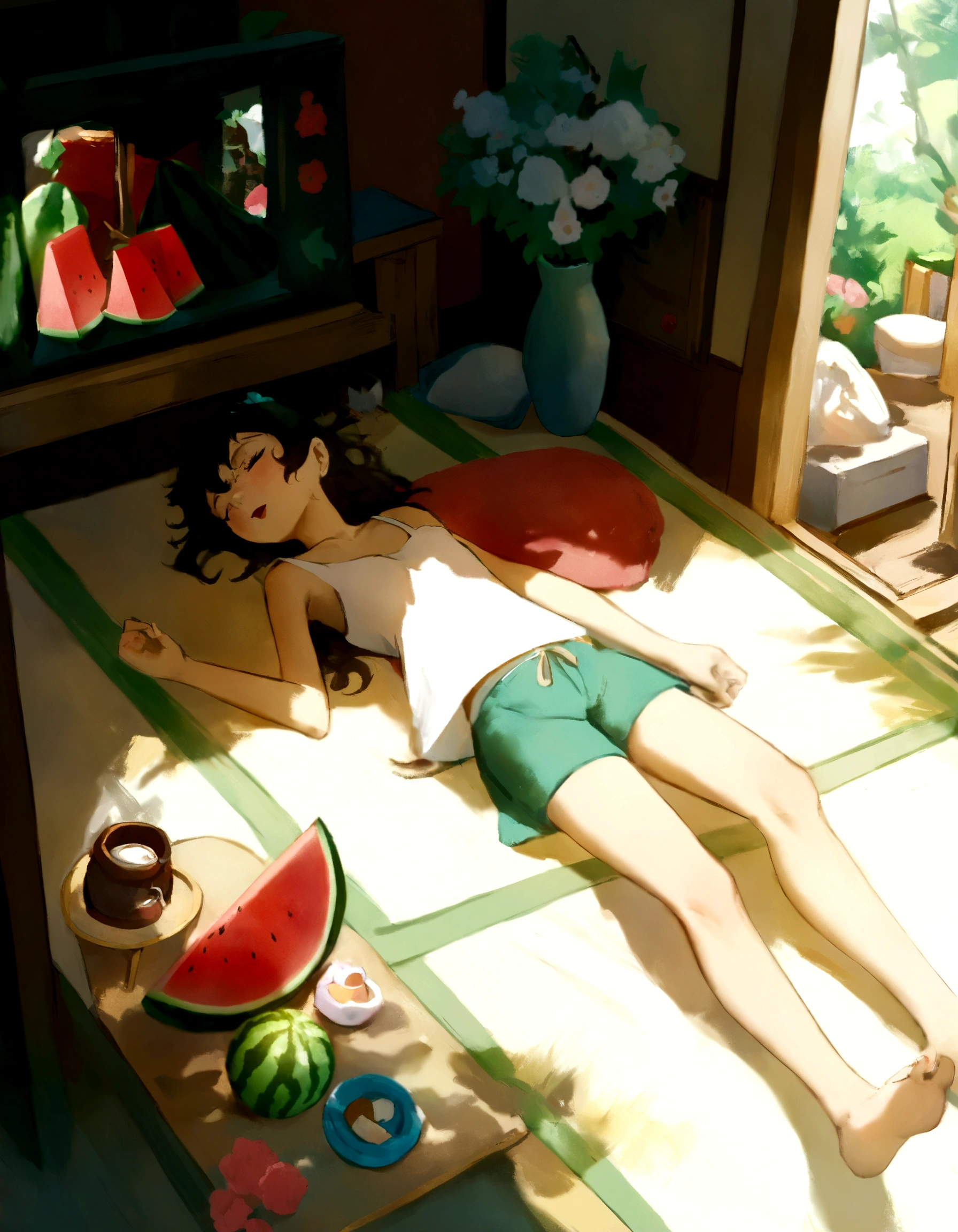 A woman lying in bed，Cartoon scene with watermelon in hand, studio glibly Xin Haicheng, style of Xin Haicheng, Summer Afternoon, Studio Ghibli Sunshine, Xin Haicheng art style, Xin Haicheng!!, Xin Haicheng!, Xin Haicheng style, Xin Haicheng. High Detail, in style of Xin Haicheng