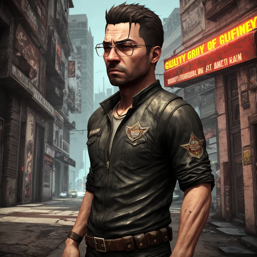 ((Close-up upper_body)) PivaArts ((1male,solo)),with glasses and beard, GTA IV style, high-res, ultra-detailed, realistic, urban cityscape, vibrant colors, street art, graffiti, dynamic lighting, cinematic composition, retro vibes, character customization, darkened atmosphere, stylish fashion, iconic protagonist, bustling metropolis, neon lights, expressive facial features, immersive gameplay, interactive environment, action-packed scenes, gritty textures, gritty urban lifestyle, photorealistic characters, detailed background details, attention to detail, moody ambiance. Add more detail, enhanced.