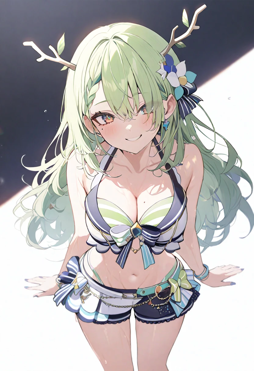 (masterpiece), (best quality), perfect face, beautiful girl, white background background, delicate and beautiful face and eyes, dark intense shadow, 
1 girl, vtuber style, cool girl, hololive, FaunaSummer, mole under eye, antlers, long hair, braided bangs, hair flowers, hololive summer 2023 swimsuit, bare shoulders, layered bikini, green bikini, striped bikini, bikini shorts, bikini, wet body, big chest, cropped shoulders, clavicle, winking, smile, bare feet, chest visible through clothes, ass visible through thighs, (full body), looking at viewer, standing, 