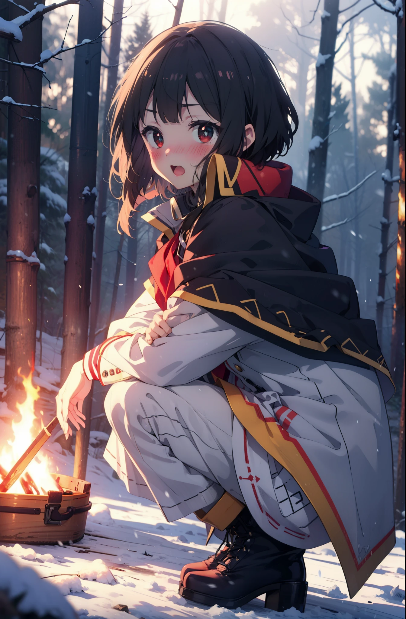 konosubaMegumin, Megumin, short hair, Black Hair, (Red eyes:1.3), short hair with long locks,Smile,blush,White Breath,
Open your mouth,snow,Ground bonfire, Outdoor, boots, snowing, From the side, wood, suitcase, Cape, Blurred, Increase your meals, forest, White handbag, nature, Squat, Mouth closed, フードed Cape, winter, Written boundary depth, Black shoes, red Cape break looking at viewer, Upper Body, whole body, break Outdoor, forest, nature, break (masterpiece:1.2), highest quality, High resolution, unity 8k wallpaper, (shape:0.8), (Beautiful and beautiful eyes:1.6), Highly detailed face, Perfect lighting, Extremely detailed CG, (Perfect hands, Perfect Anatomy),