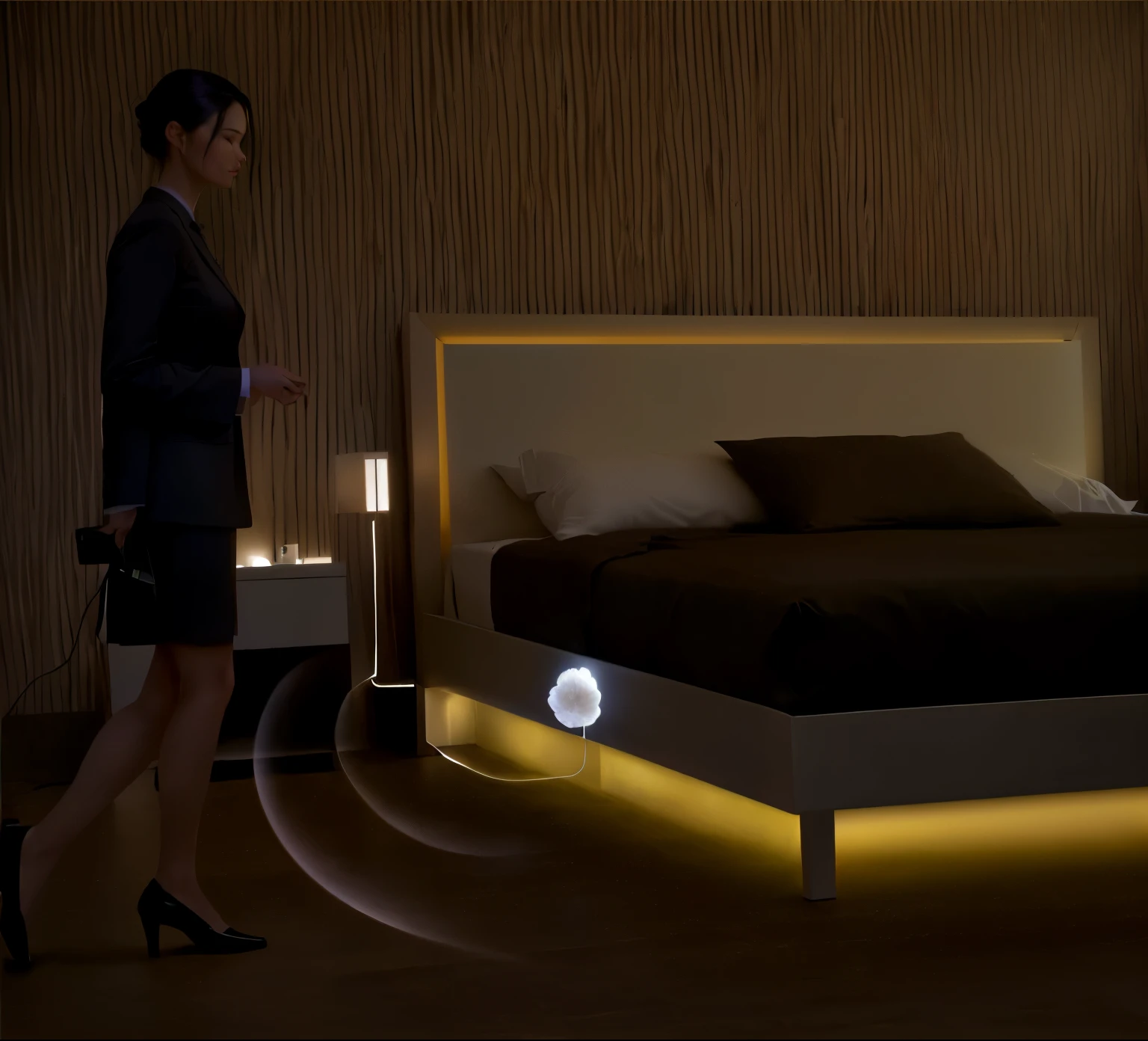 arafed woman in a suit walking towards a bed with a light on, oled lights in corners, dim bedroom, room lighting, conceptual, soft ambient lighting, no light penetrates to room, infrared ambient light, dim accent lighting, night fill lighting, in a bedroom, paisible night lighting, dim ambient lighting, led, light sensor