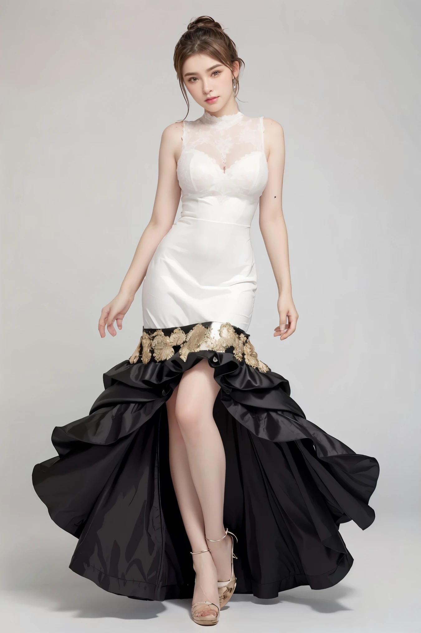 best quality, masterpiece, highres,1girl,Beautiful face,full body,(Gorgeous ornamentation) , black dress, white tone background